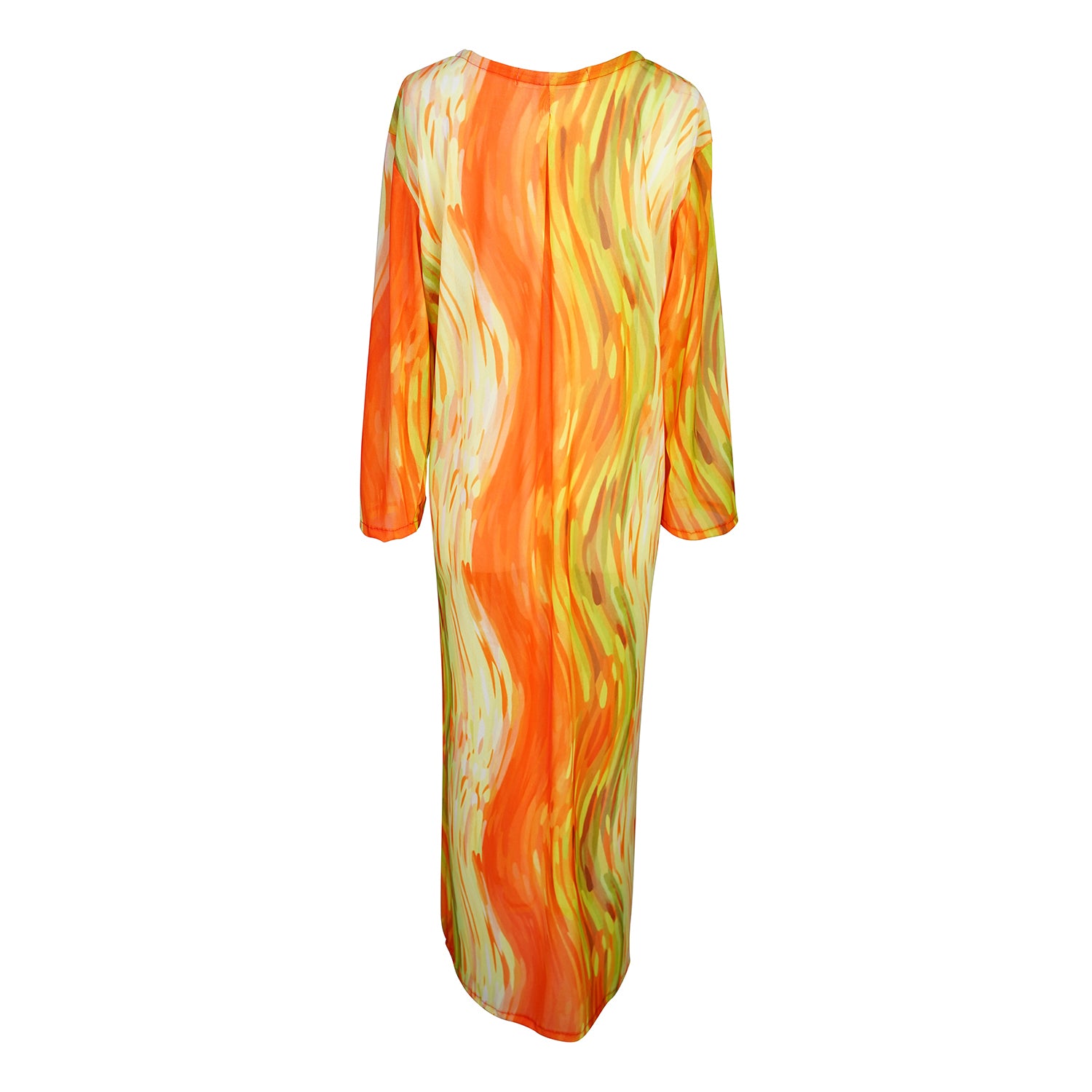 Our Citron Split Hem Caftan With Sleeves! With has vibrant citron orange, bright lime, and vivid yellow colors. This long tunic with high side slits can be a beach cover up