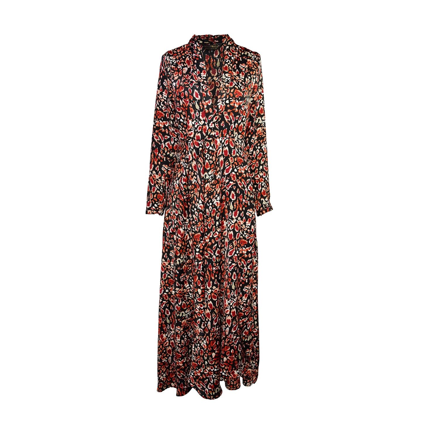 This shawl collar, leopard print, boho maxi dress is our favorite silhouette. Featuring a soft cross ruffle skirt, button sleeve and invisible zipper at side, this piece is perfect for desk to dinner styling. 