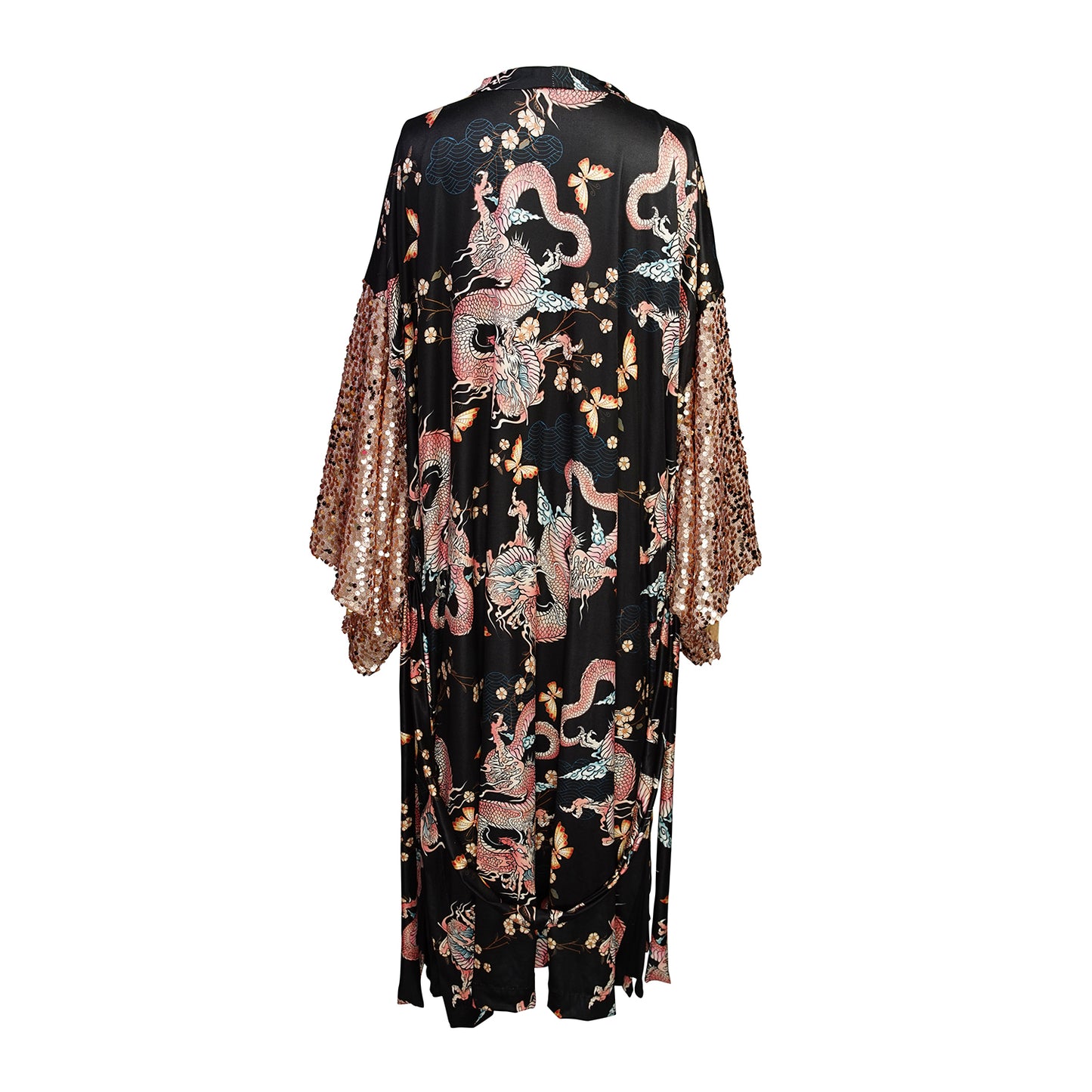 This Kimono is crafted from soft jersey, it features striking dragon print and sequin kimono sleeves.