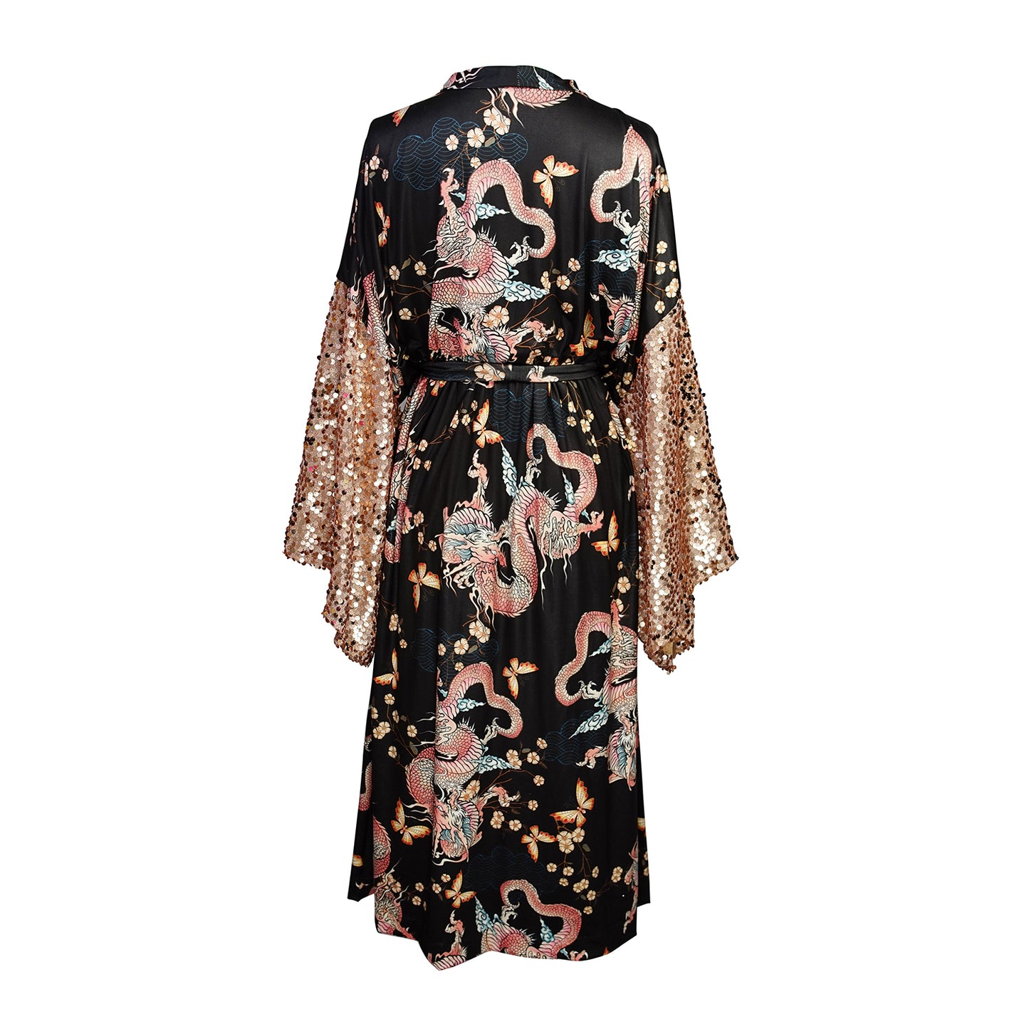 This Kimono is crafted from soft jersey, it features striking dragon print and sequin kimono sleeves.