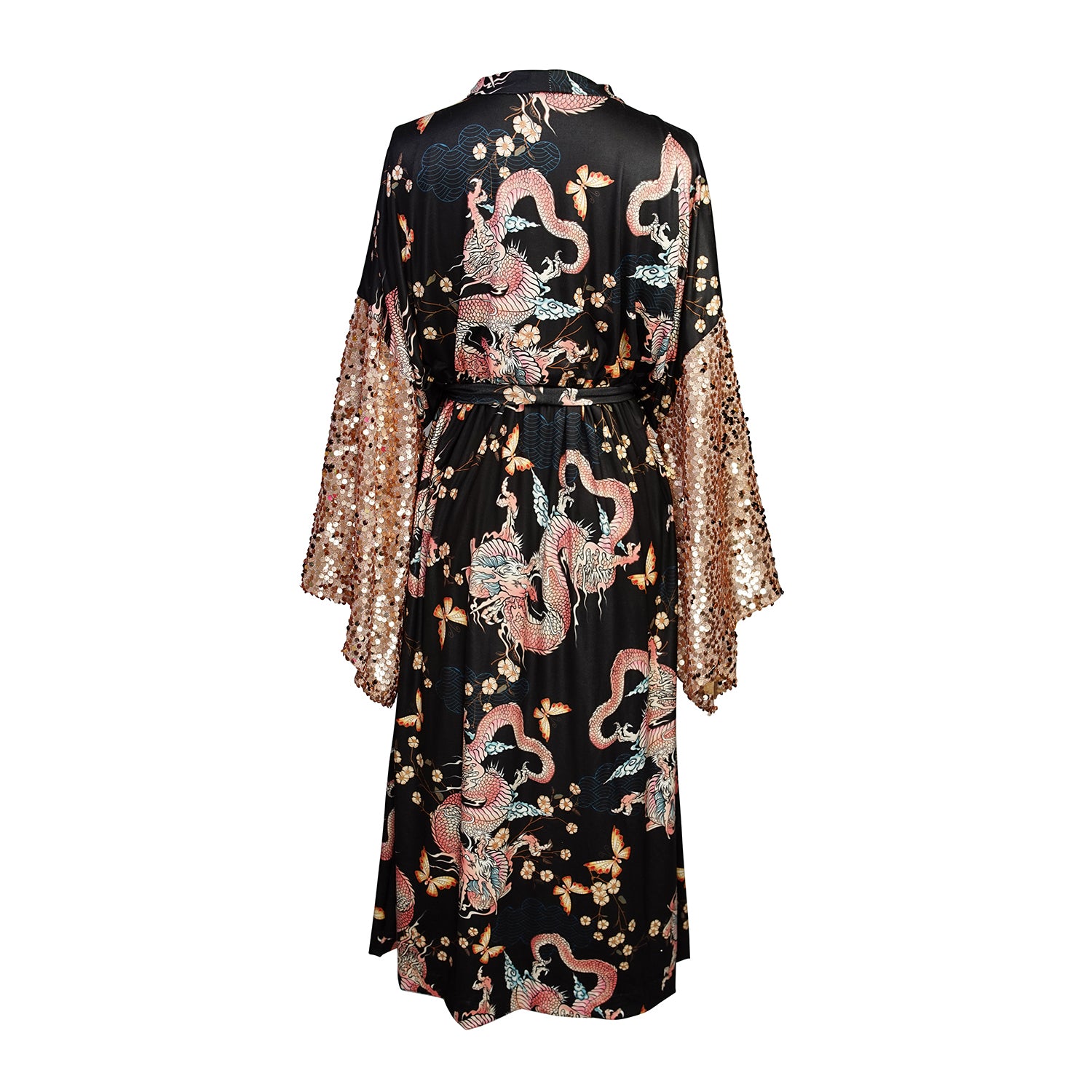 This Kimono is crafted from soft jersey, it features striking dragon print and sequin kimono sleeves.