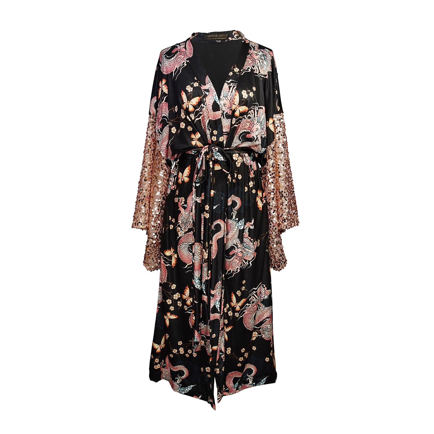 This Kimono is crafted from soft jersey, it features striking dragon print and sequin kimono sleeves.