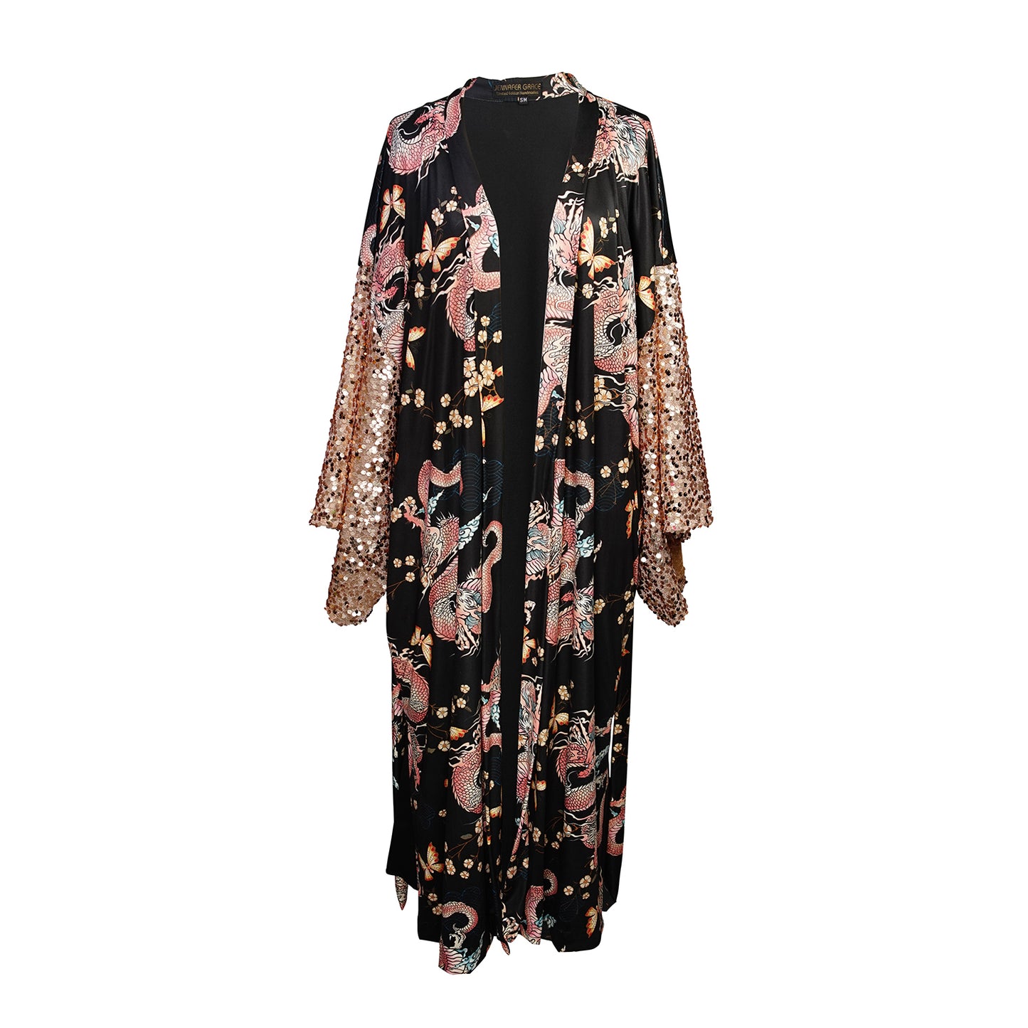 This Kimono is crafted from soft jersey, it features striking dragon print and sequin kimono sleeves.