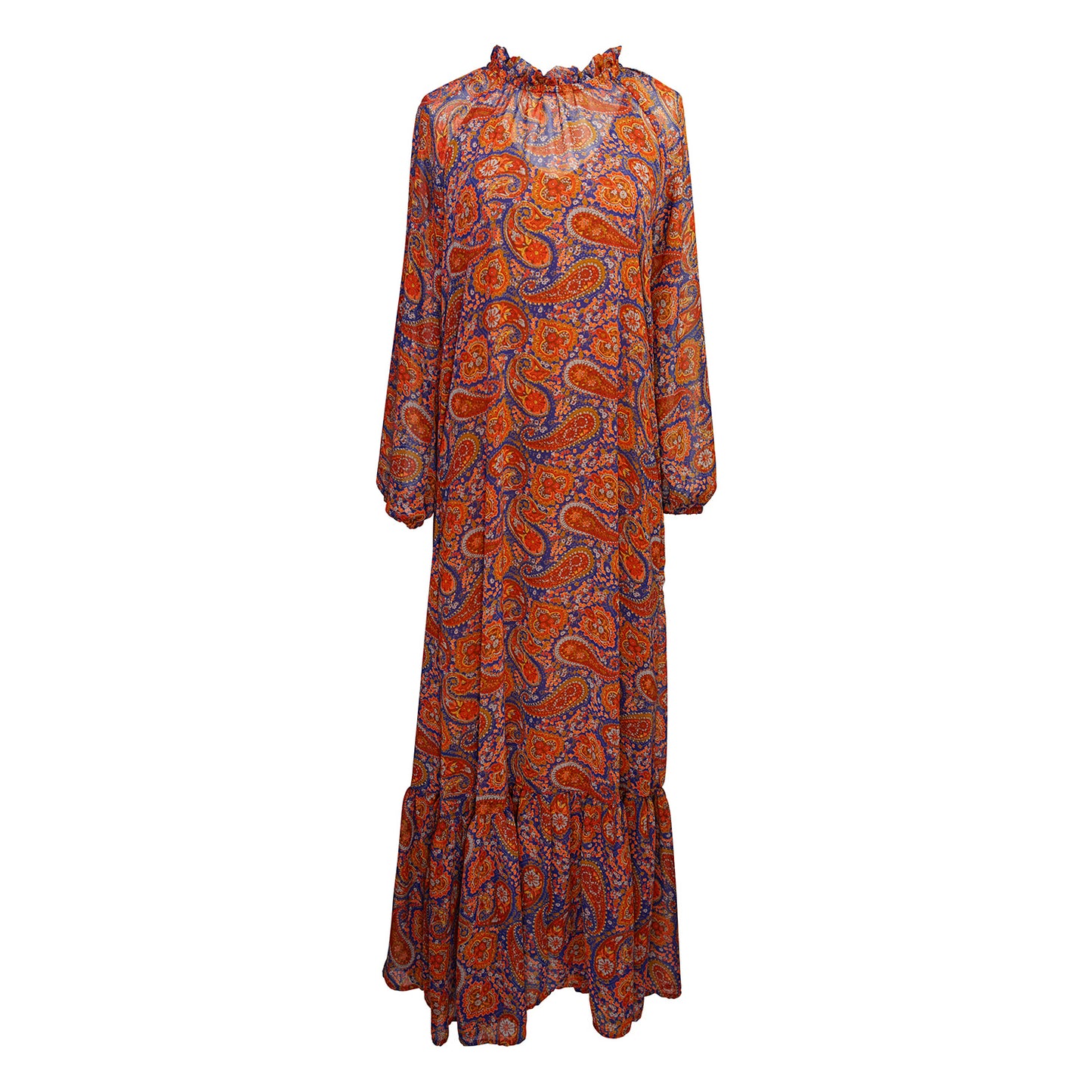 This ruffle collar, Paisley print, boho maxi dress features a soft cross ruffle skirt, blouson sleeve and hook and eye at back.