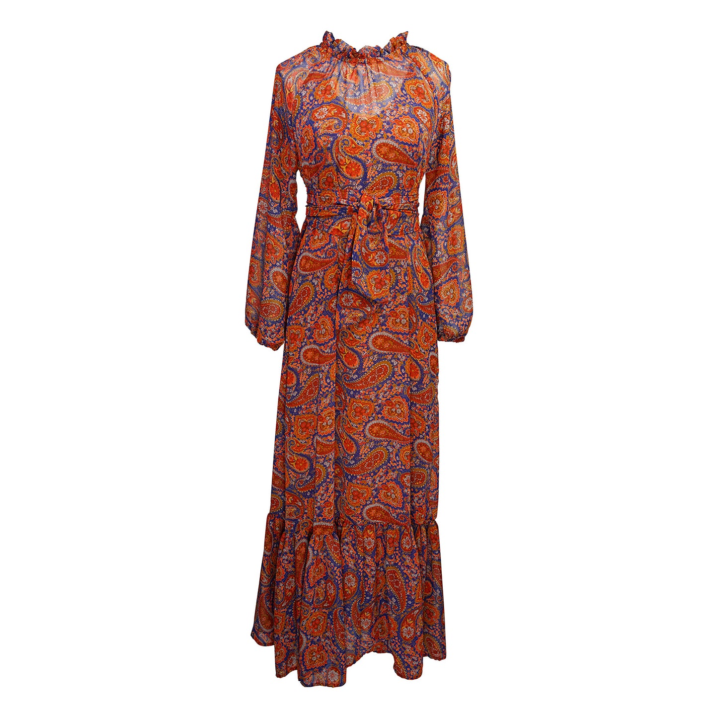 This ruffle collar, Paisley print, boho maxi dress features a soft cross ruffle skirt, blouson sleeve and hook and eye at back.