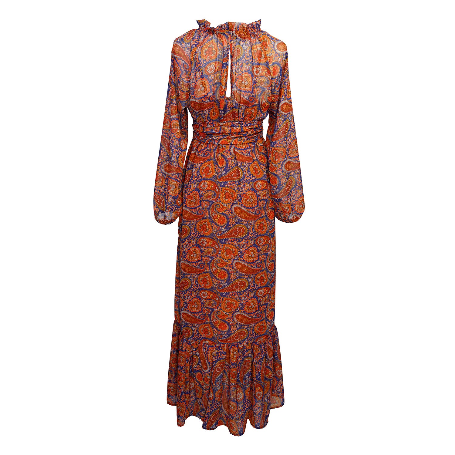 This ruffle collar, Paisley print, boho maxi dress features a soft cross ruffle skirt, blouson sleeve and hook and eye at back.