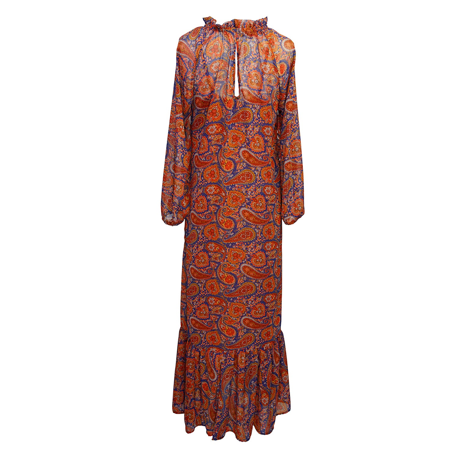 This ruffle collar, Paisley print, boho maxi dress features a soft cross ruffle skirt, blouson sleeve and hook and eye at back.