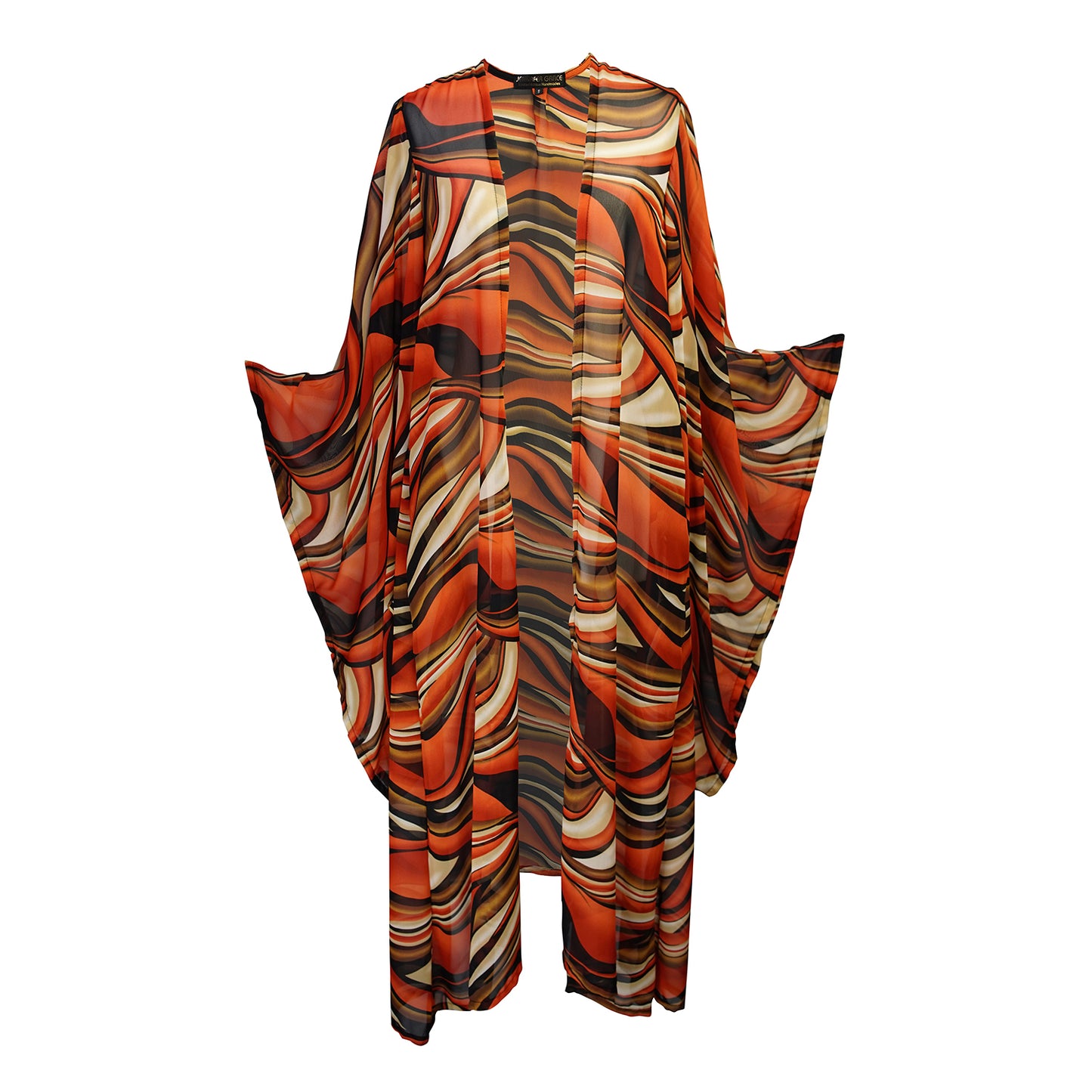 Inspired by the River Styx, the Styx Kimono is a fiery and versatile addition to your wardrobe. Made from chiffon, its abstract geometric design in shades of orange, red, and brown adds a touch of elegance to any outfit.