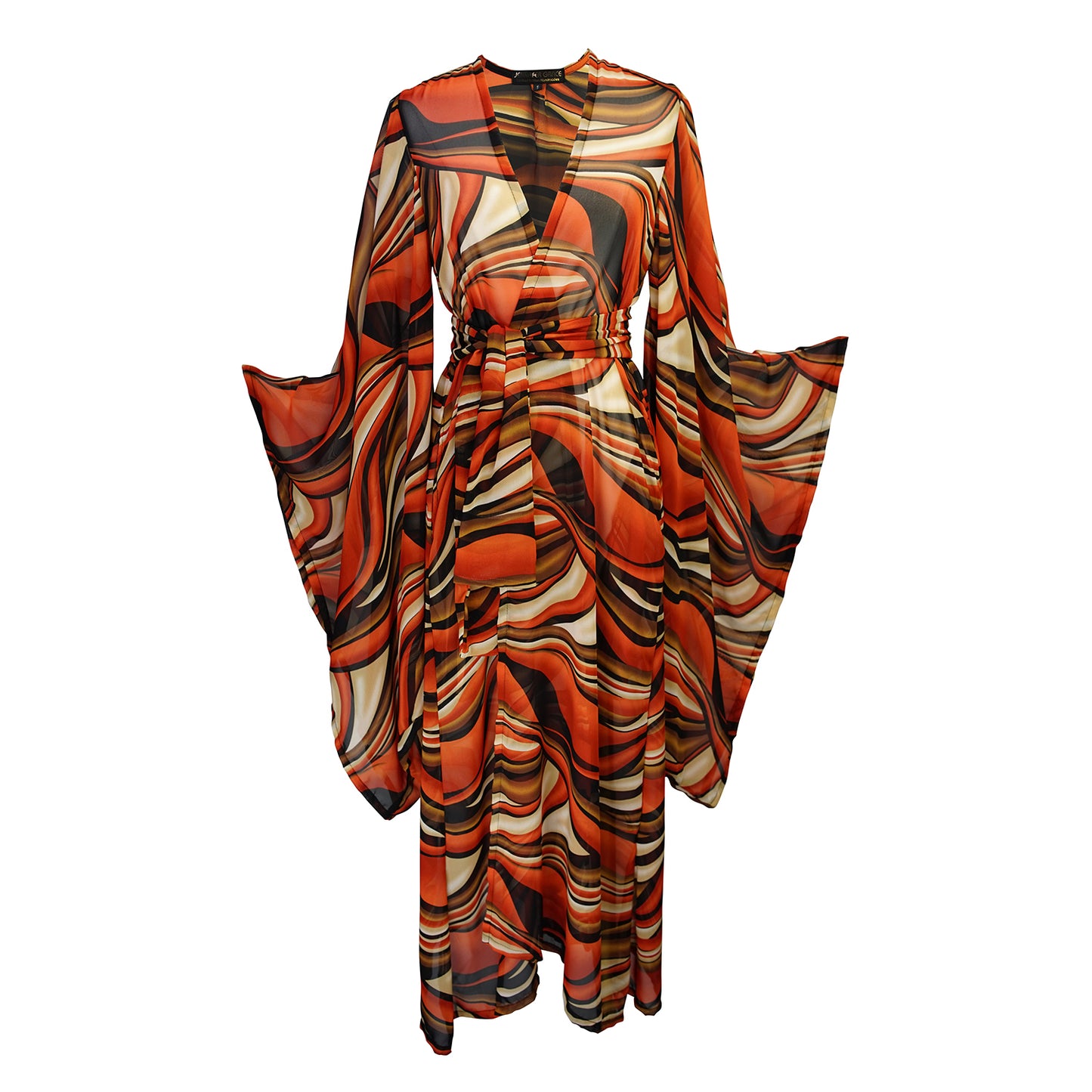 Inspired by the River Styx, the Styx Kimono is a fiery and versatile addition to your wardrobe. Made from chiffon, its abstract geometric design in shades of orange, red, and brown adds a touch of elegance to any outfit.