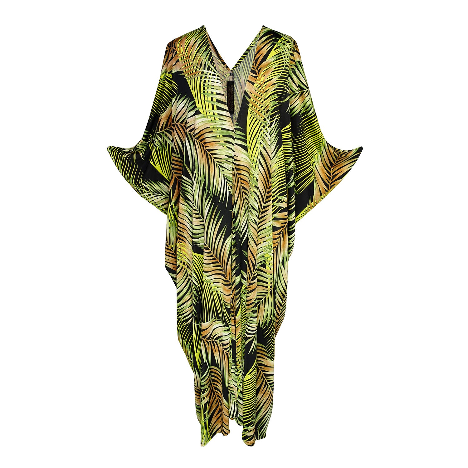 This caftan has an amazing photorealistic palm leaf print on a black background 