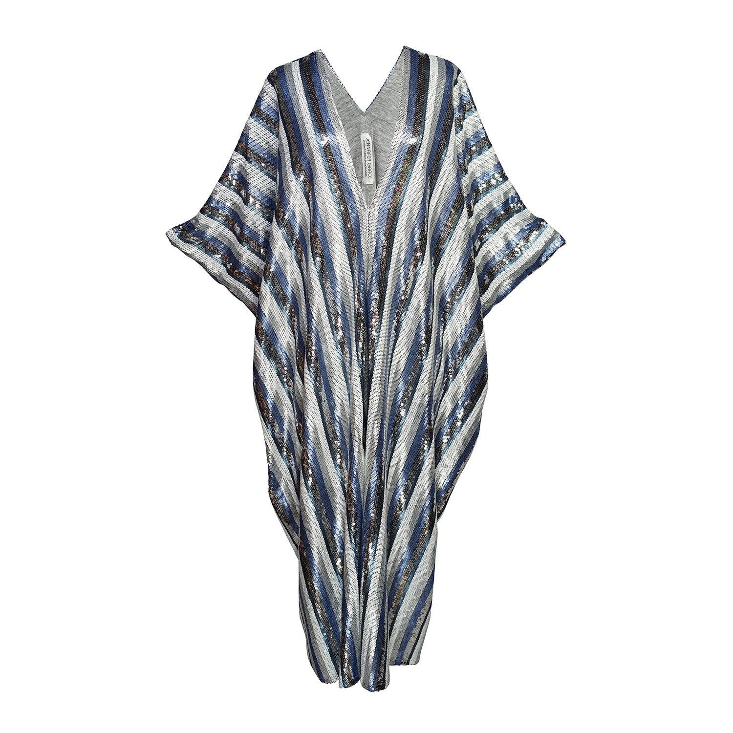 This Yachting inspired caftan has  sequins in stripes of blues and silvers 