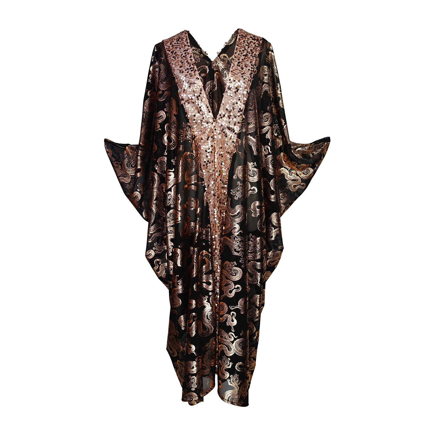 Our lustrous dragon foiled mesh caftan with sequin details is perfect for a summer night out, or as a layering piece in cooler seasons