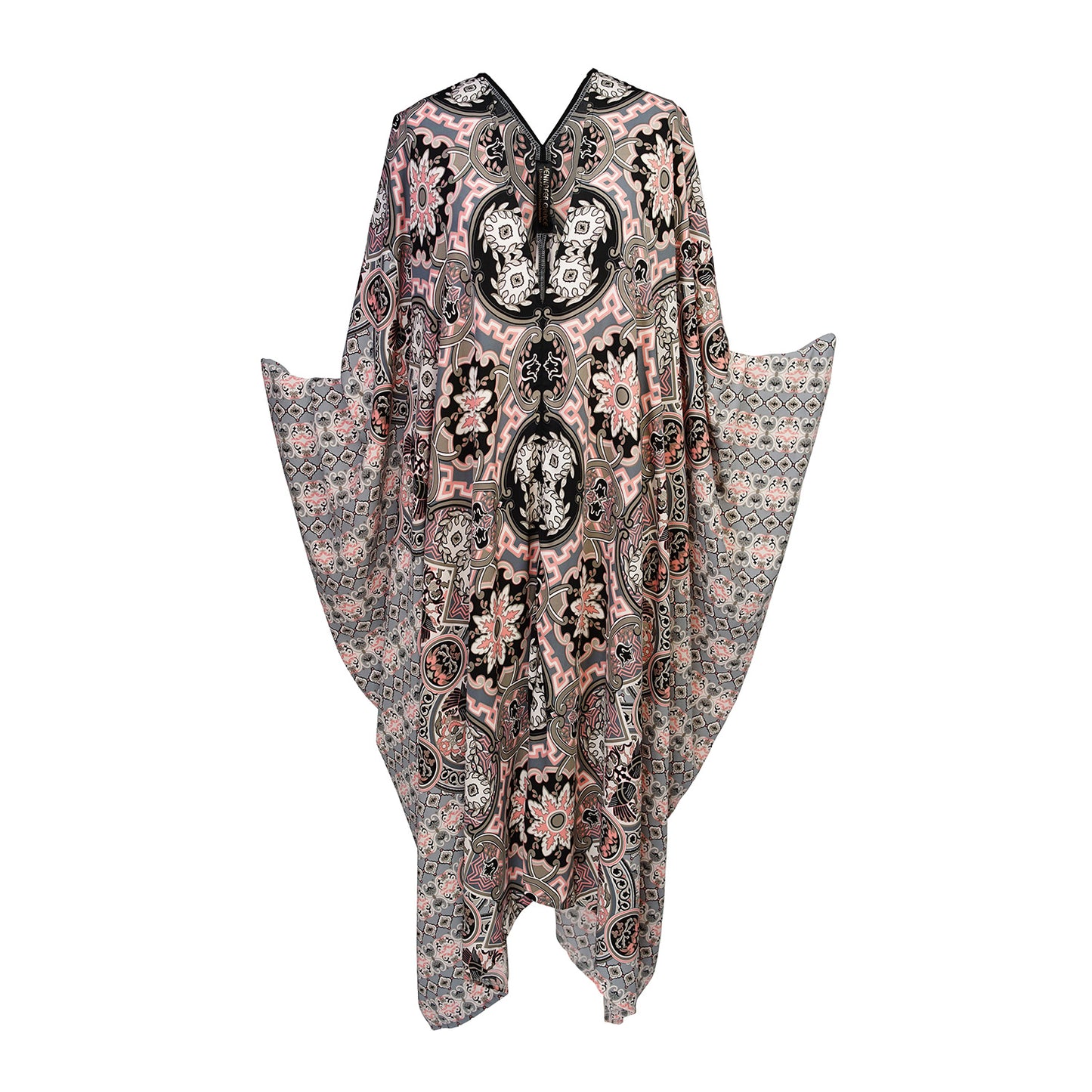 This Persephone Rose Caftan features a beautiful mosaic tile and Greek bird print in pink, grey, and hints of black.