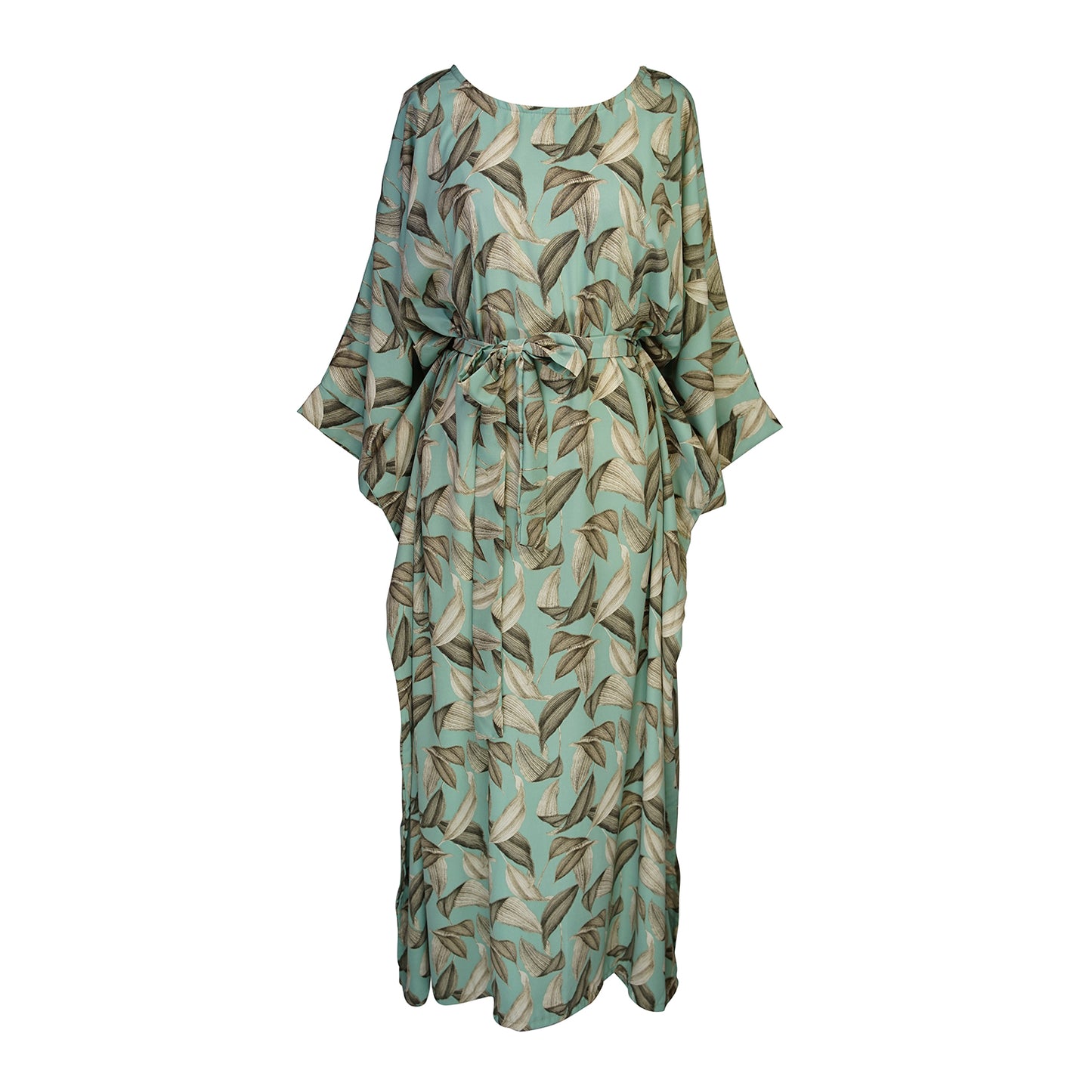 The Menta Dulce Belted Disco caftan dress featuring a mint colored palm print, batwing sleeves, boat neck, ankle hem, and optional belt to promote a flattering silhouette.