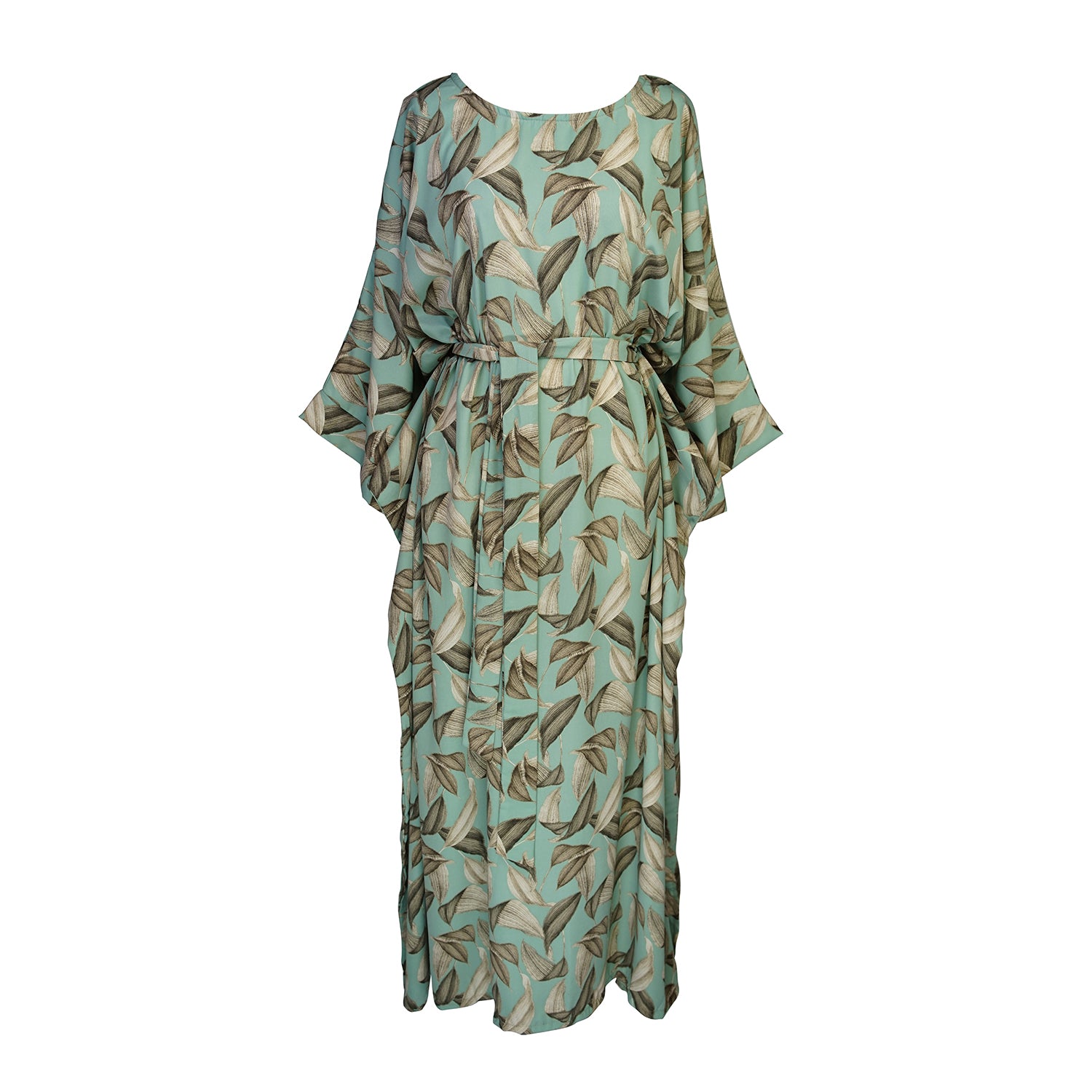 The Menta Dulce Belted Disco caftan dress featuring a mint colored palm print, batwing sleeves, boat neck, ankle hem, and optional belt to promote a flattering silhouette.