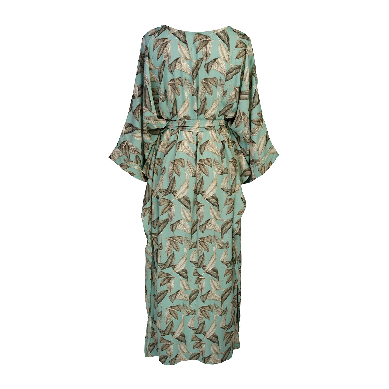 The Menta Dulce Belted Disco caftan dress featuring a mint colored palm print, batwing sleeves, boat neck, ankle hem, and optional belt to promote a flattering silhouette.