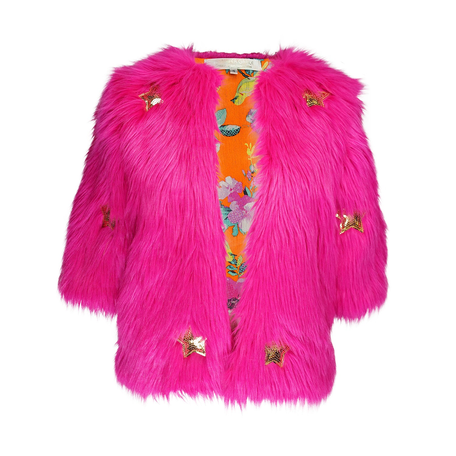 The out-of-this-world Planet Queen jacket is hand crafted with stunning sequin UFO and gold star patches on ultra soft synthetic neon pink all faux fur. Featuring pockets and a bright, cheerful rayon lining, this jacket is hip length with a forearm hem.