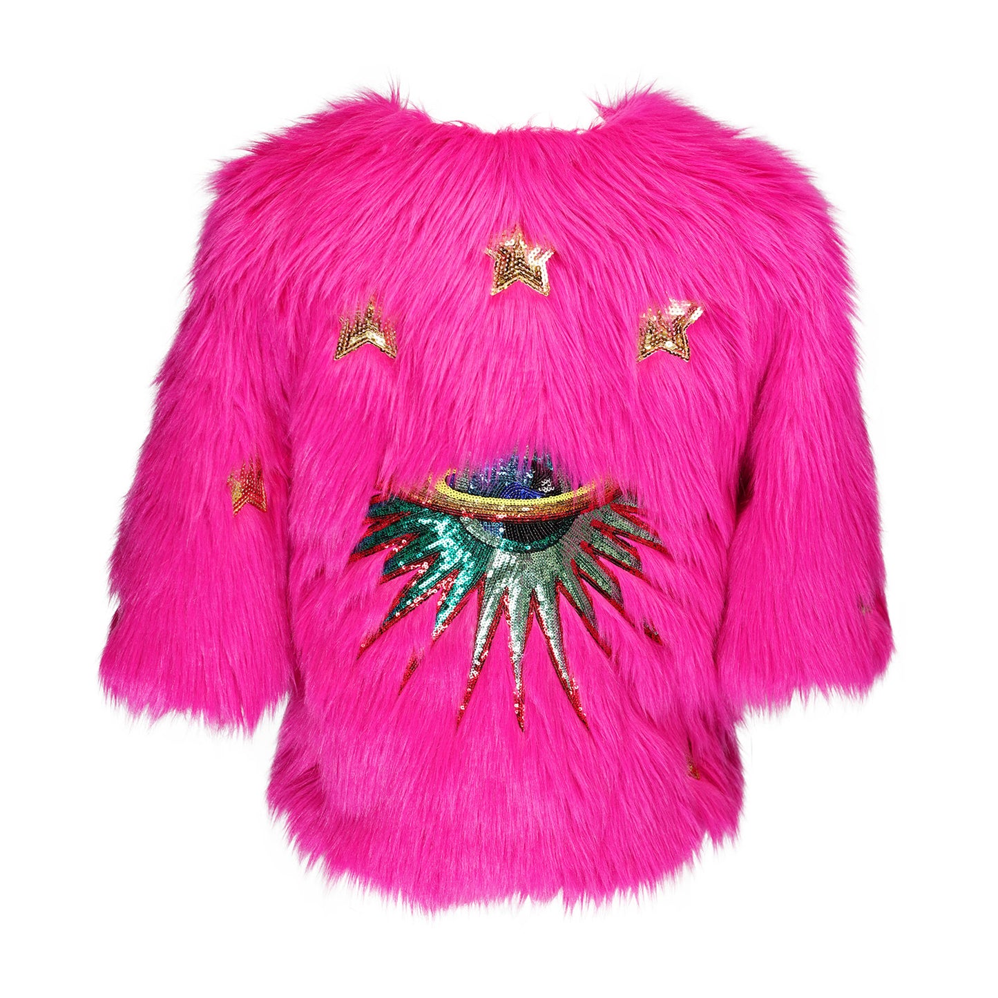 The out-of-this-world Planet Queen jacket is hand crafted with stunning sequin UFO and gold star patches on ultra soft synthetic neon pink all faux fur. Featuring pockets and a bright, cheerful rayon lining, this jacket is hip length with a forearm hem.