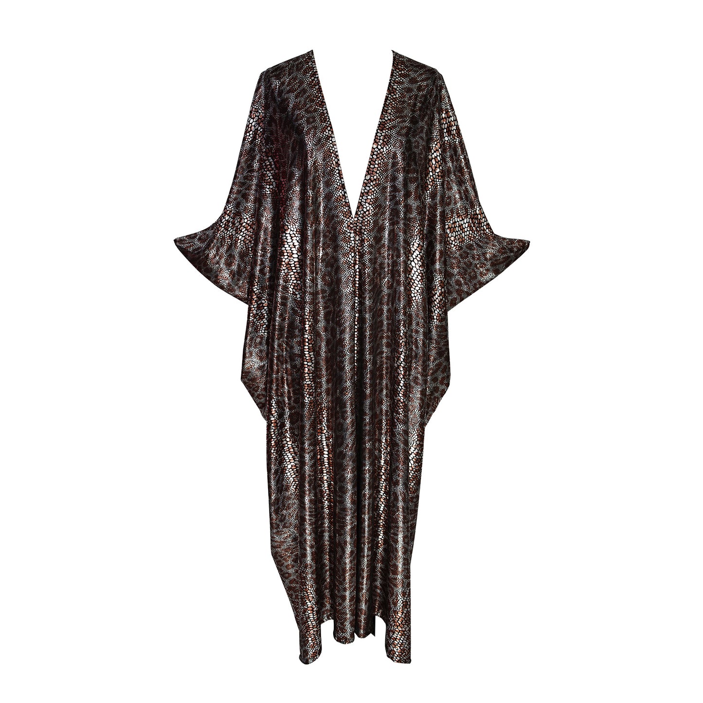 Animal print caftan, featuring a leopard print on metallic foil snakeskin fabric. Featuring a deep v-neck, batwing sleeves, and ankle length hem. 