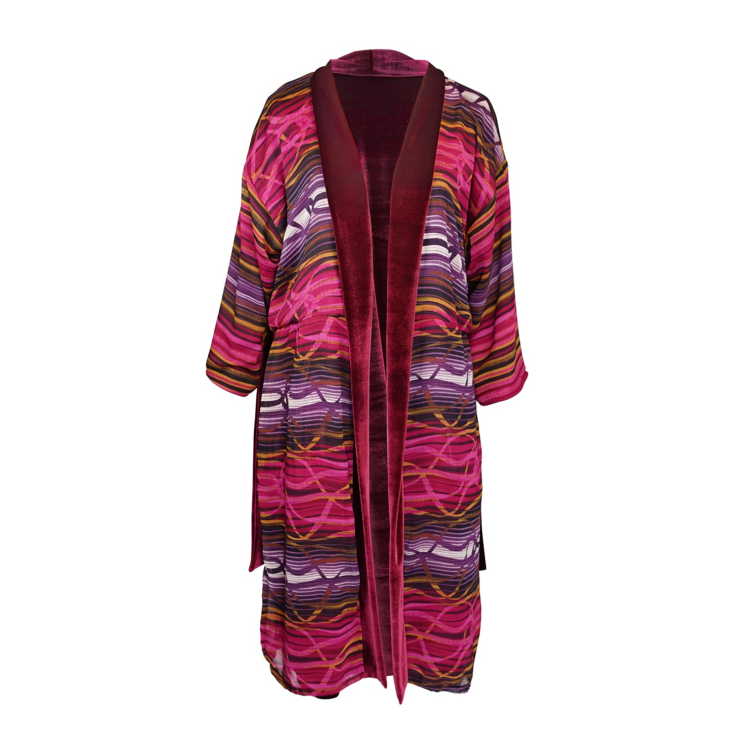 The Koi kimono is a slim sleeve variety. Featuring a fold over lapel panel, deep front pockets, contrasting and vibrant lining and a nice long waist tie. Made from a luscious stretch velvet and burgundy striped chiffon lining that is dark and vibrant all at once.