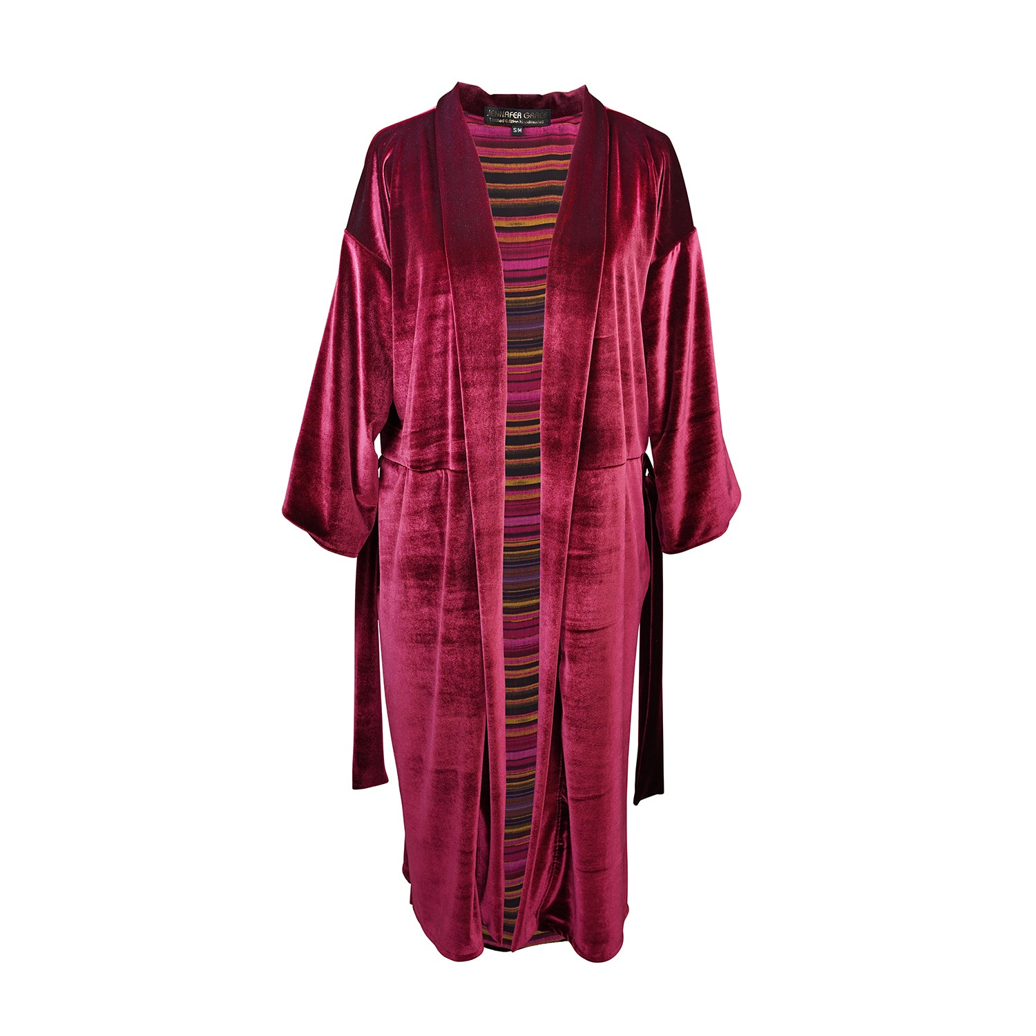 The Koi kimono is a slim sleeve variety. Featuring a fold over lapel panel, deep front pockets, contrasting and vibrant lining and a nice long waist tie. Made from a luscious stretch velvet and burgundy striped chiffon lining that is dark and vibrant all at once.