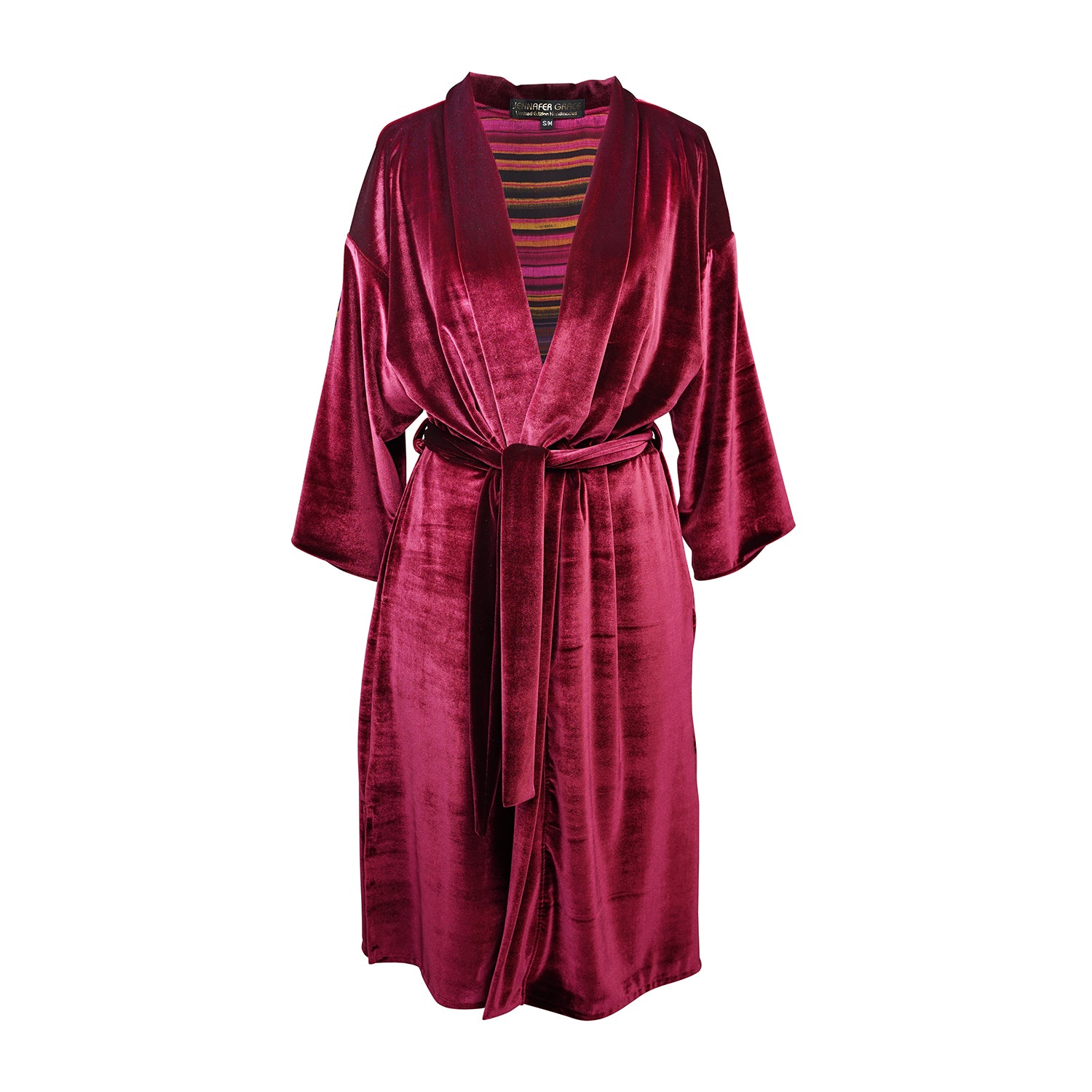 The Koi kimono is a slim sleeve variety. Featuring a fold over lapel panel, deep front pockets, contrasting and vibrant lining and a nice long waist tie. Made from a luscious stretch velvet and burgundy striped chiffon lining that is dark and vibrant all at once.