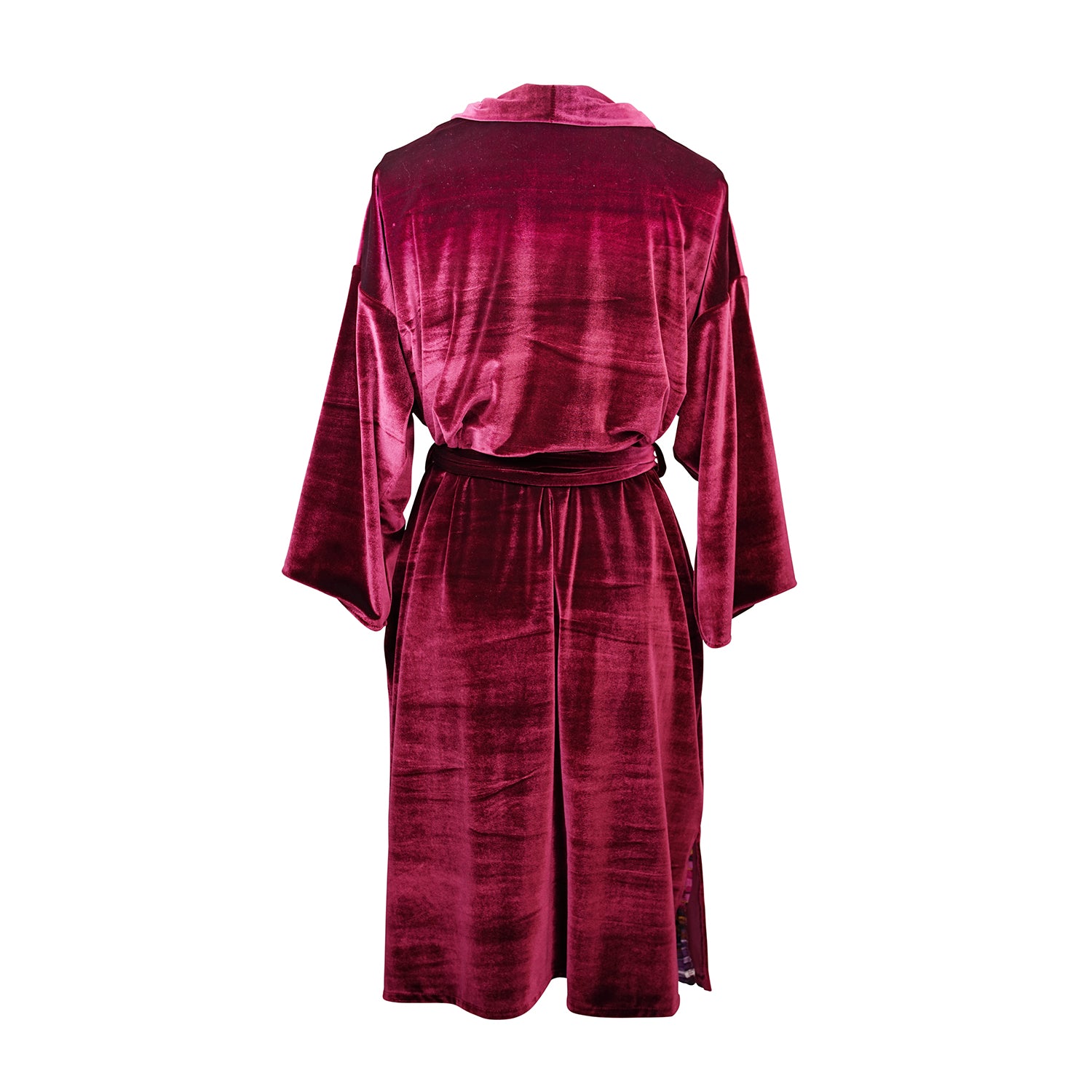 The Koi kimono is a slim sleeve variety. Featuring a fold over lapel panel, deep front pockets, contrasting and vibrant lining and a nice long waist tie. Made from a luscious stretch velvet and burgundy striped chiffon lining that is dark and vibrant all at once.