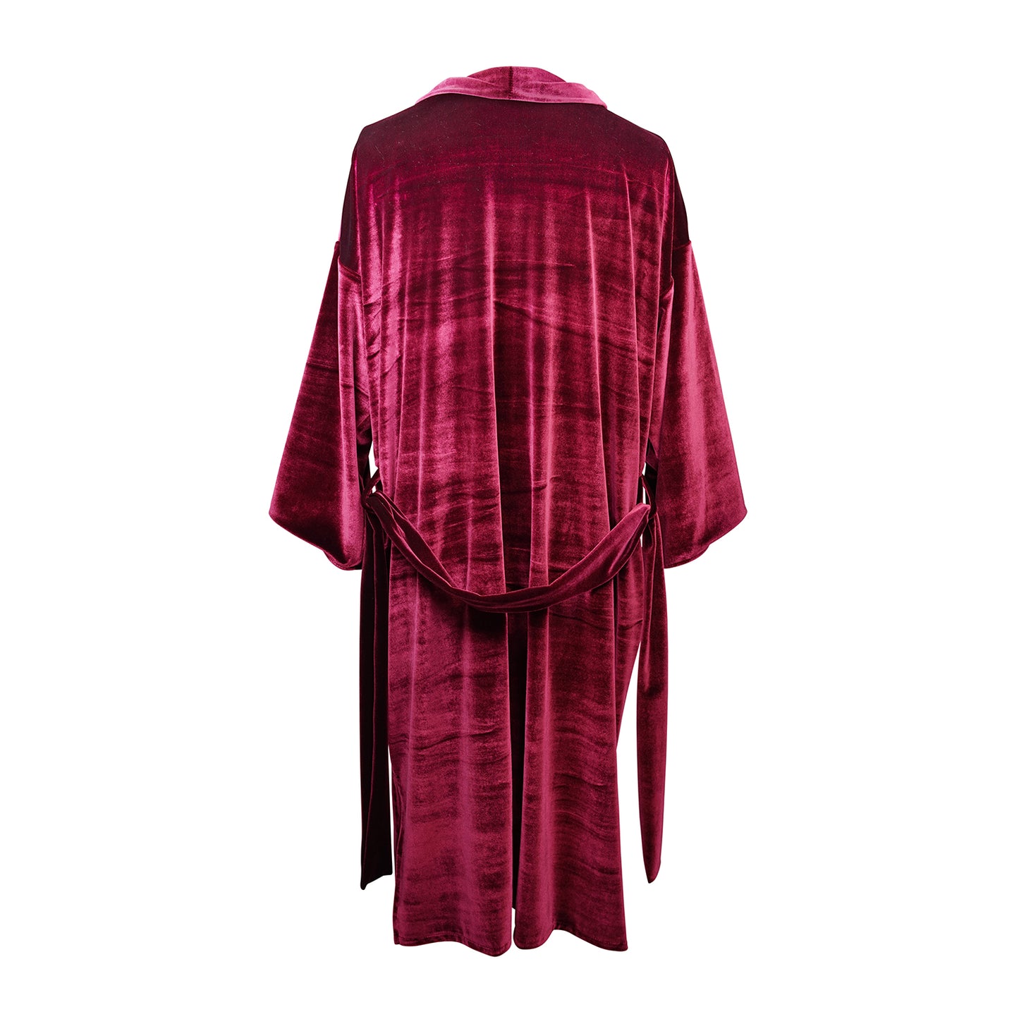 The Koi kimono is a slim sleeve variety. Featuring a fold over lapel panel, deep front pockets, contrasting and vibrant lining and a nice long waist tie. Made from a luscious stretch velvet and burgundy striped chiffon lining that is dark and vibrant all at once.