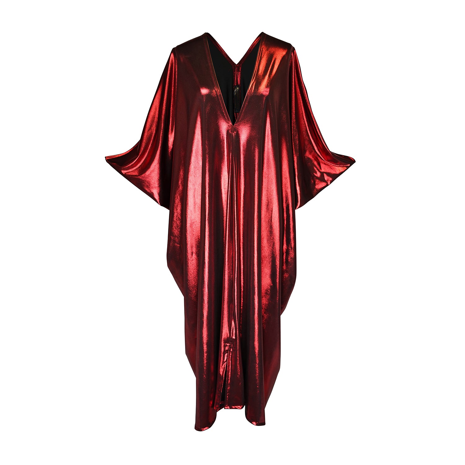 A metallic solid red caftan featuring batwing sleeves, a deep v neckline, and ankle length hem. 