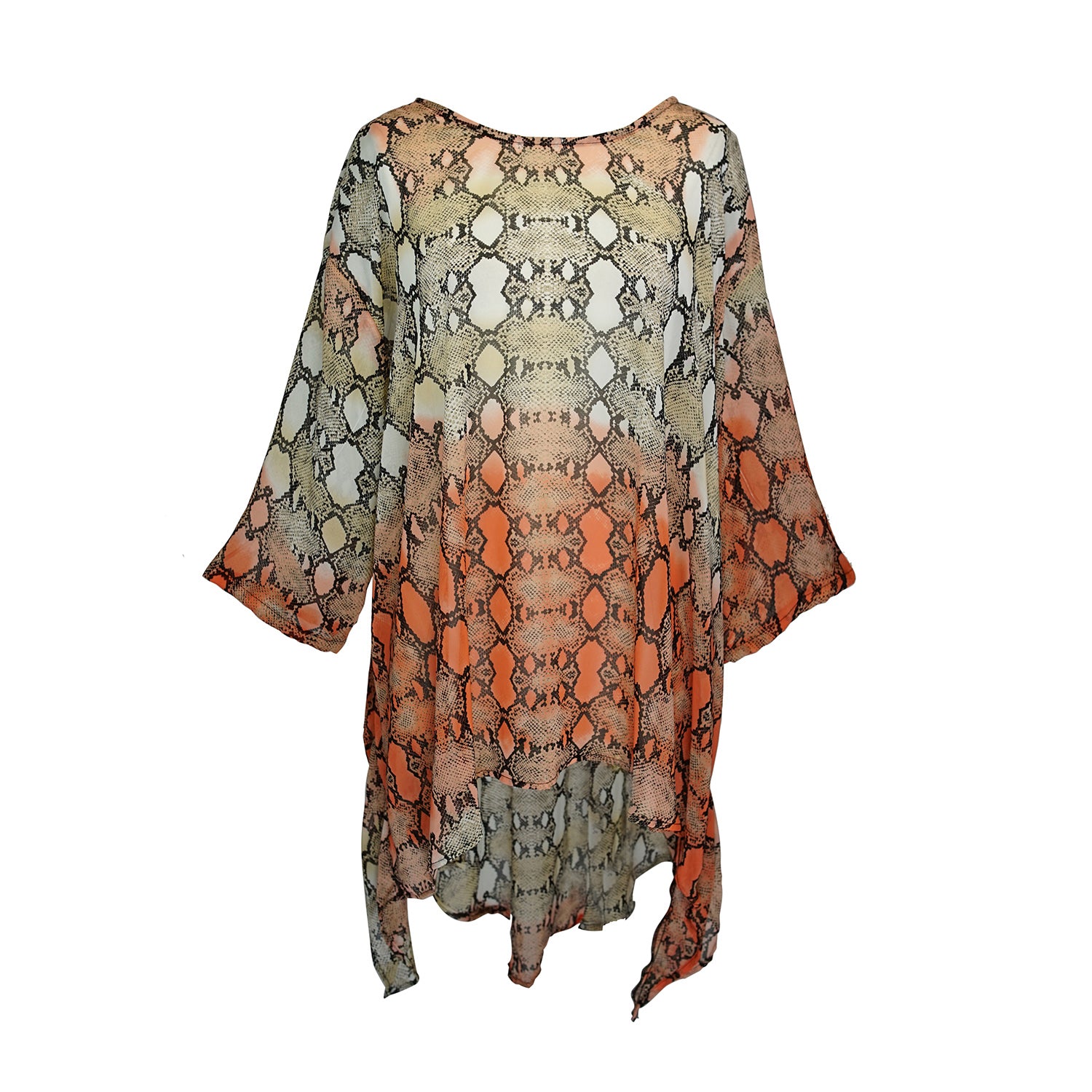 This orange and turquoise snakeskin print top features a wide boat neckline, gracefully exposing the collarbone, while batwing sleeves extend from the shoulders, flowing freely like a soft cascade of fabric. The waist-length hem adds a touch of structure, making it versatile for styling. 