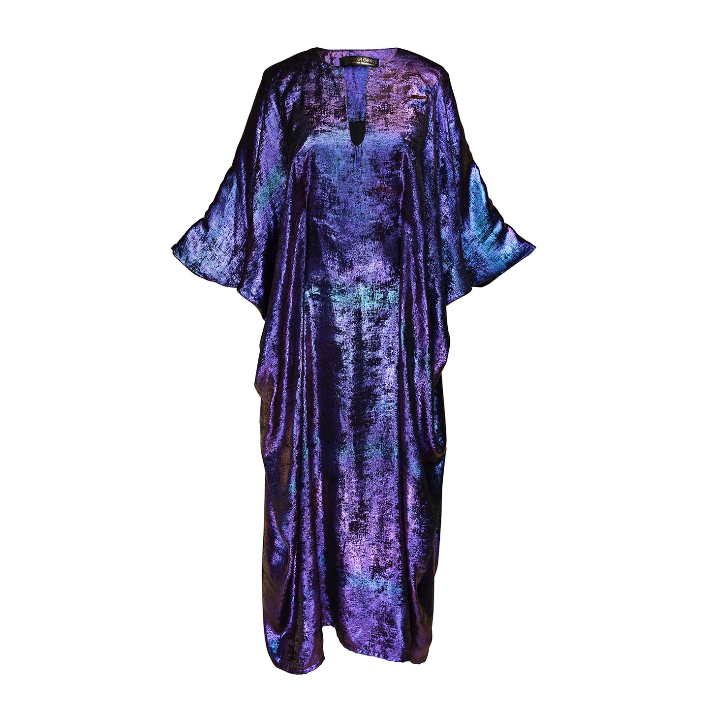 A shimmering Micro Velvet in rich amethyst tones. This new shape includes an attached waist tie to add new ways of wearing our classic caftan shape.