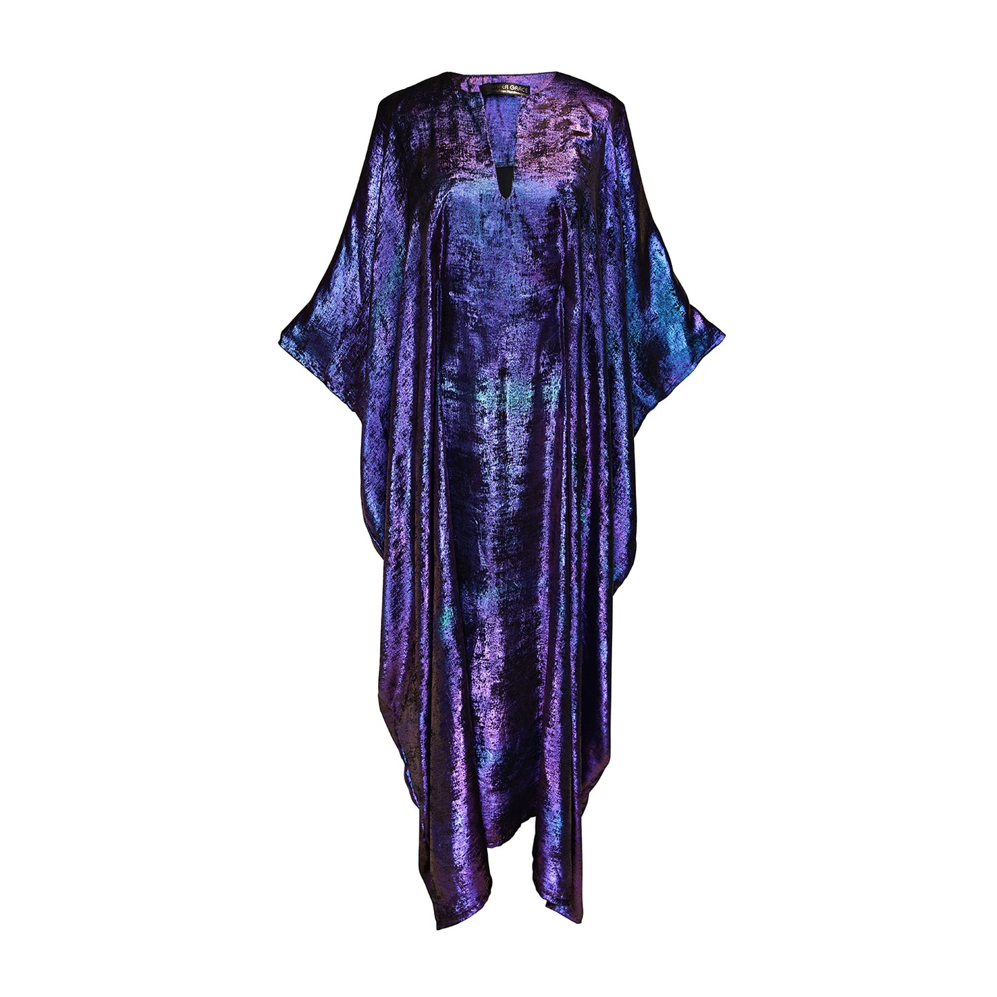 A shimmering Micro Velvet in rich amethyst tones. This new shape includes an attached waist tie to add new ways of wearing our classic caftan shape.