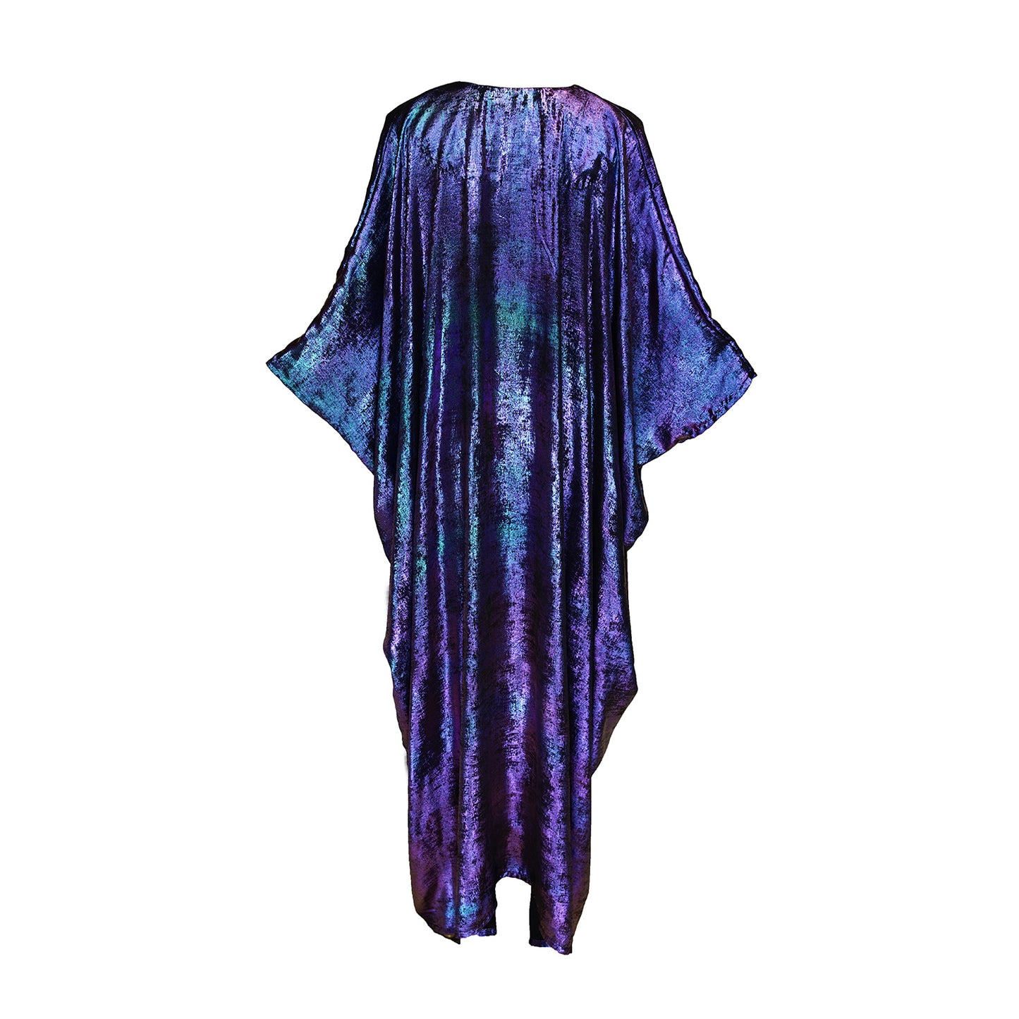 A shimmering Micro Velvet in rich amethyst tones. This new shape includes an attached waist tie to add new ways of wearing our classic caftan shape.