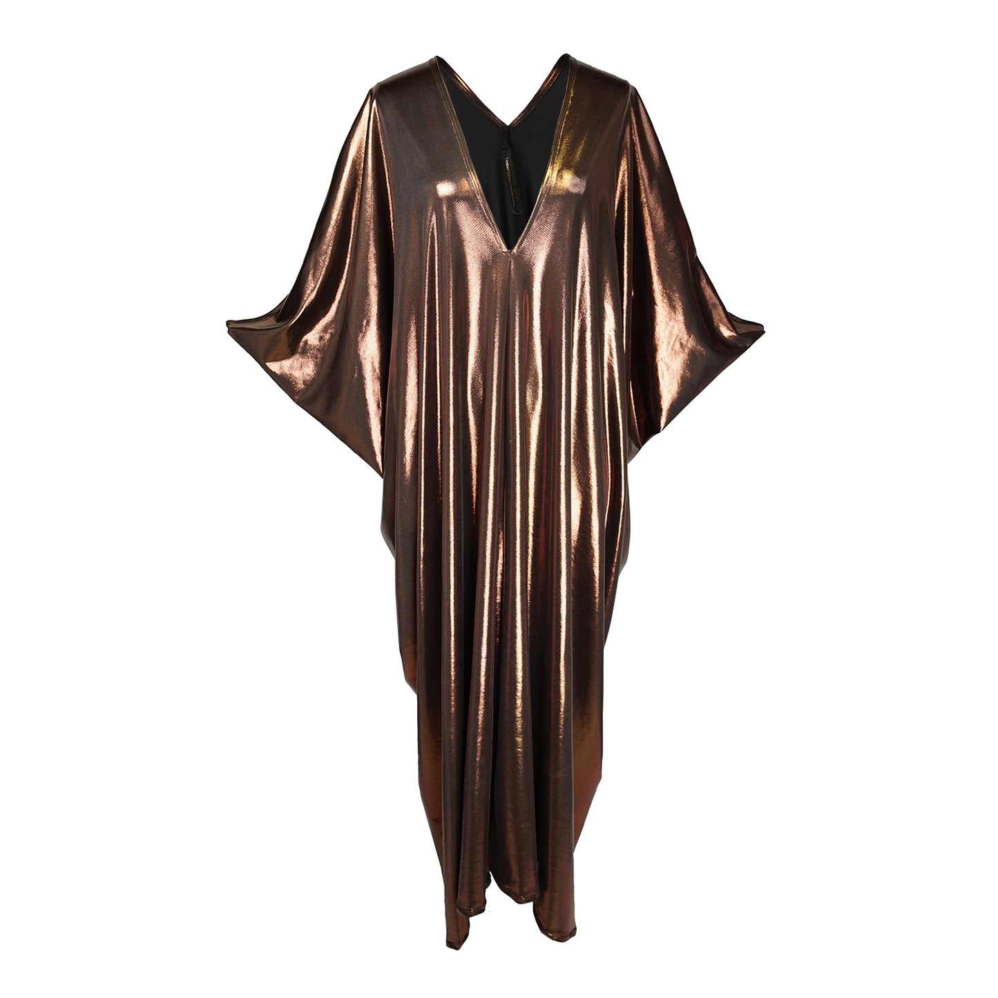 This copper caftan offers a sleek and shimmering look that exudes boldness and luxury made from a generous amount of metallic coated poly/spandex jersey.