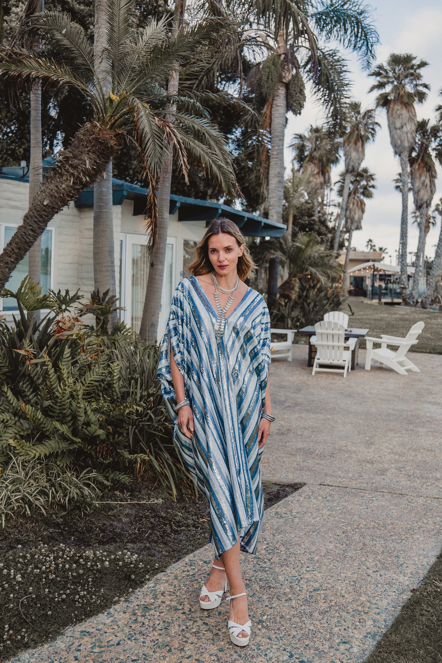 This Yachting inspired caftan has  sequins in stripes of blues and silvers 