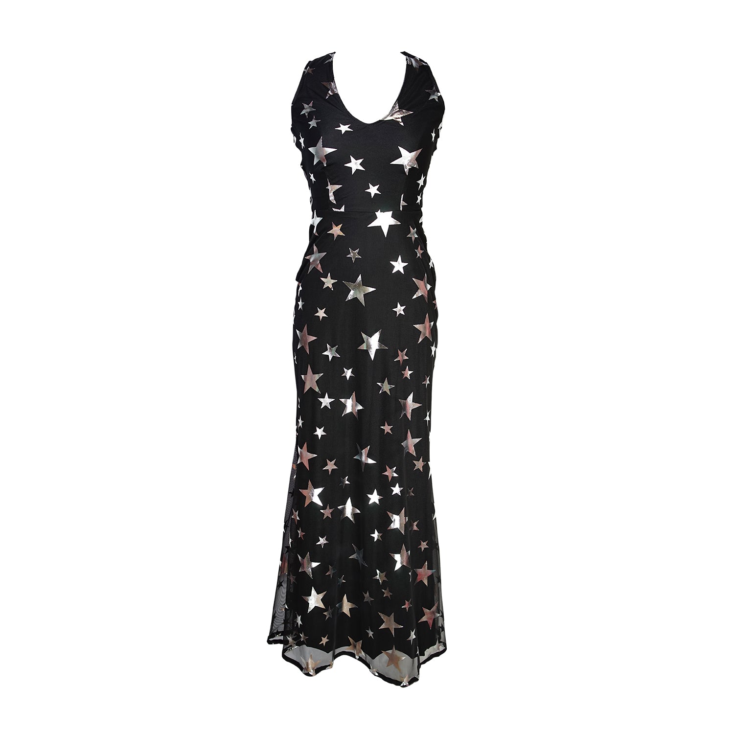 A magical form-fitting mermaid maxi dress features a cutout at mid-back. With a V-neckline and ankle hem, it is crafted from a soft black mesh with metallic silver foil star print and bamboo blend jersey lining.