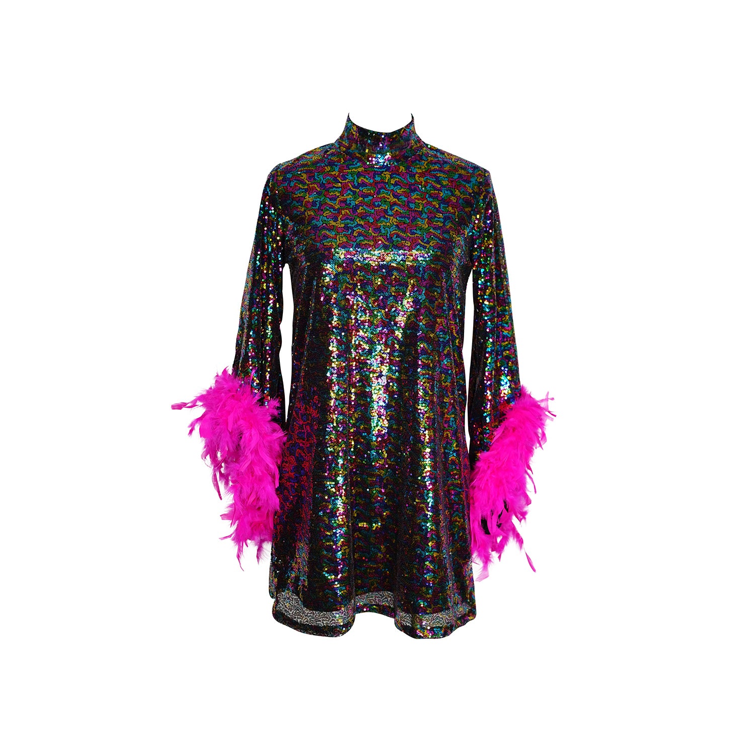 jennafer grace Time Warp Sequin Mini with Pink Feather Cuffs retro 1960s 60s revival mod mini dress with rainbow sequins bell sleeves feathered cuffs boho bohemian hippie romantic whimsical handmade in California USA