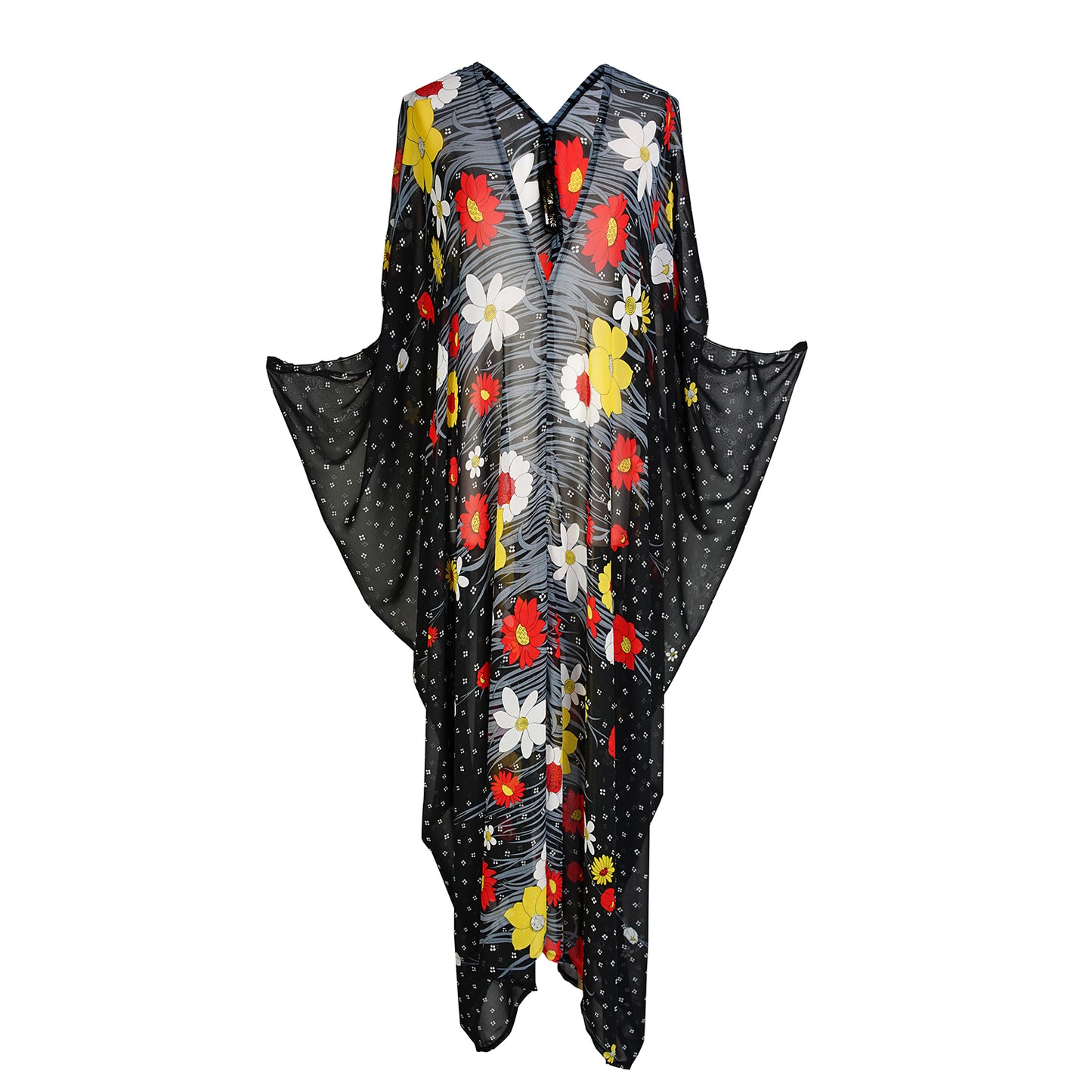 Flowy chiffon caftan with whimsical daisy print. Base color is black with a mixture of orange, white, and yellow floral patterns. Features a v-neck, batwing sleeves, and ankle hem.