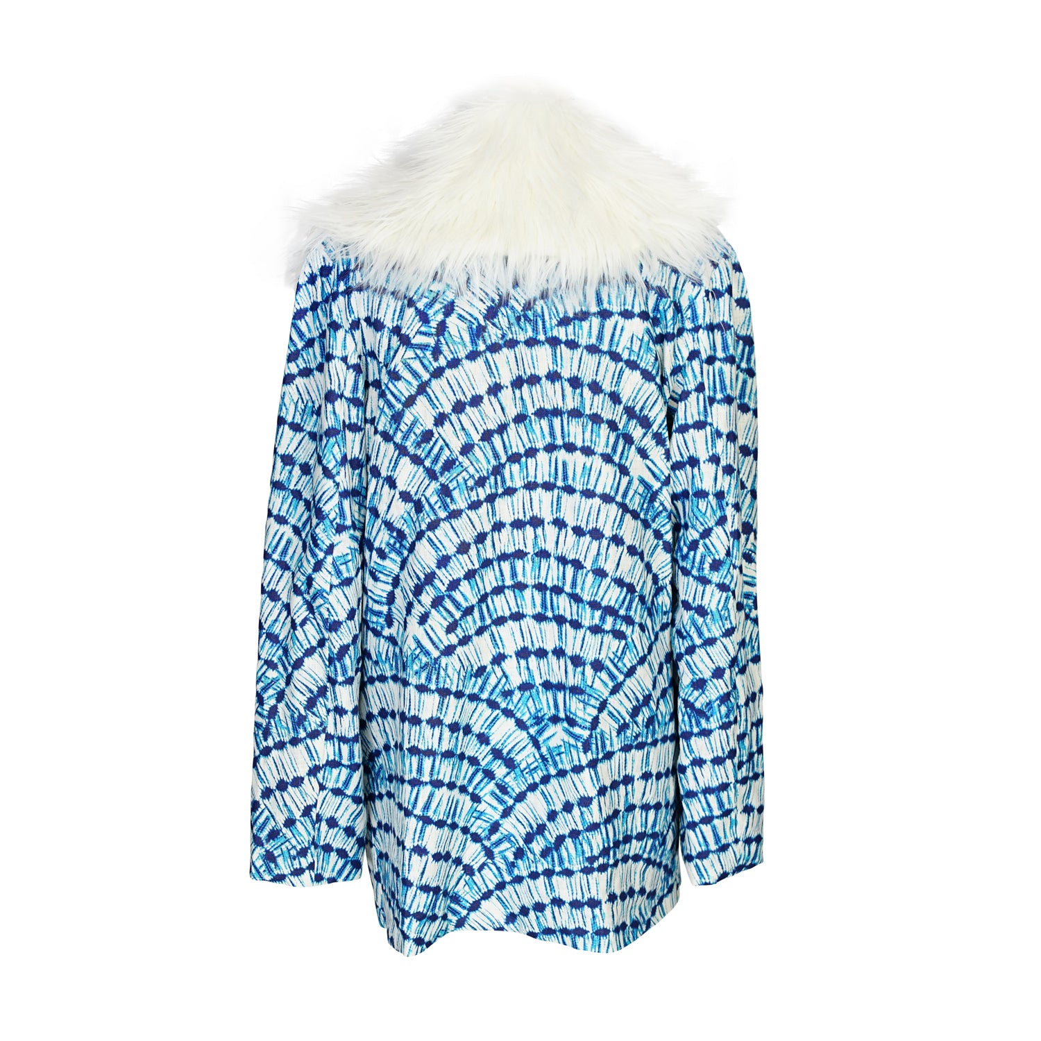 Boasting a striking aquarian color scheme on hand printed african fabric, this stylish piece is lined with a lush blue jersey and features a removable faux fur collar. 