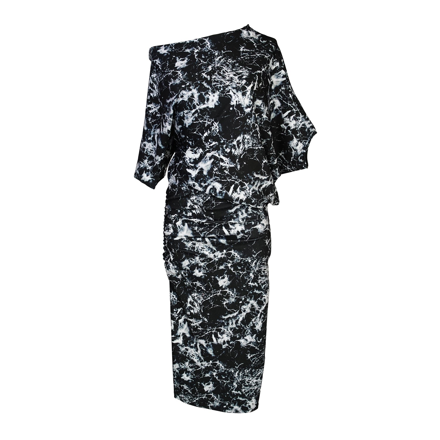 Stretchy black and white marble printed dress. Made from stretchy jersey fabric, this dress features a fitted pencil skirt fit with light ruching at the hip. Mid-length angled sleeves can arrange the neckline to reveal a peek of the shoulder. Hemline is just below knee length.