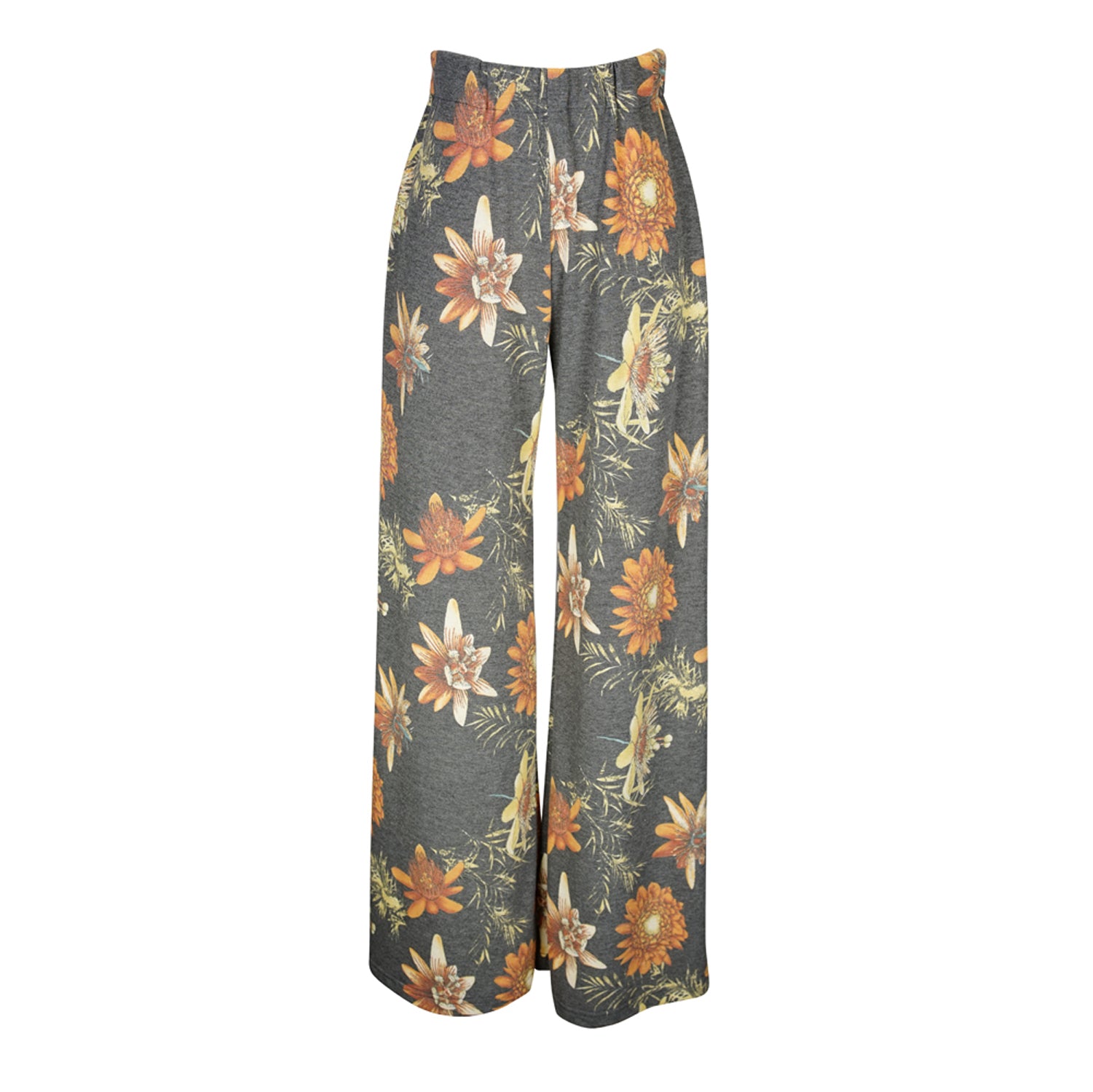 Tunic top and palazzo pant set made from a luxe jersey. Charcoal gray base with orange floral print. Featuring tab sleeves, side slits and an extended obi-style belt on the top, and pockets, elastic waist and a soft hidden drawstring on the bottoms.