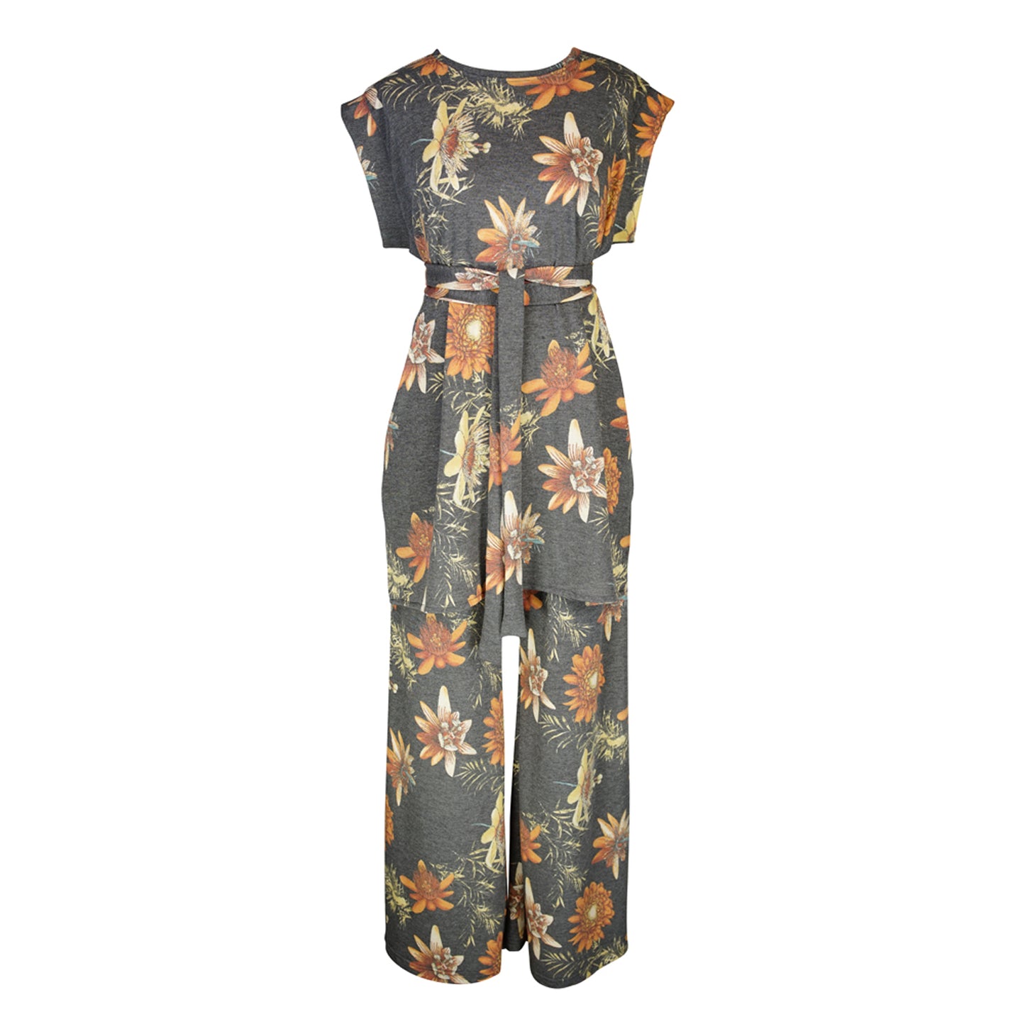 Tunic top and palazzo pant set made from a luxe jersey. Charcoal gray base with orange floral print. Featuring tab sleeves, side slits and an extended obi-style belt on the top, and pockets, elastic waist and a soft hidden drawstring on the bottoms.