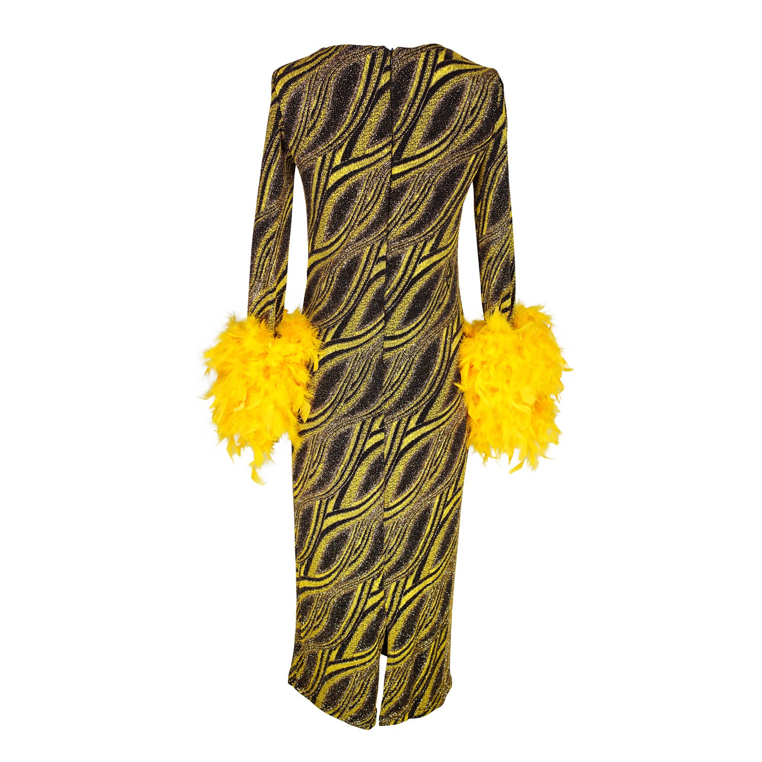 This pop-art bodycon dress accentuates your curves, while the removable feather trim on the sleeves adds a touch of elegance. The yellow cuffs and black and yellow fabric are perfect for those who shine bright.