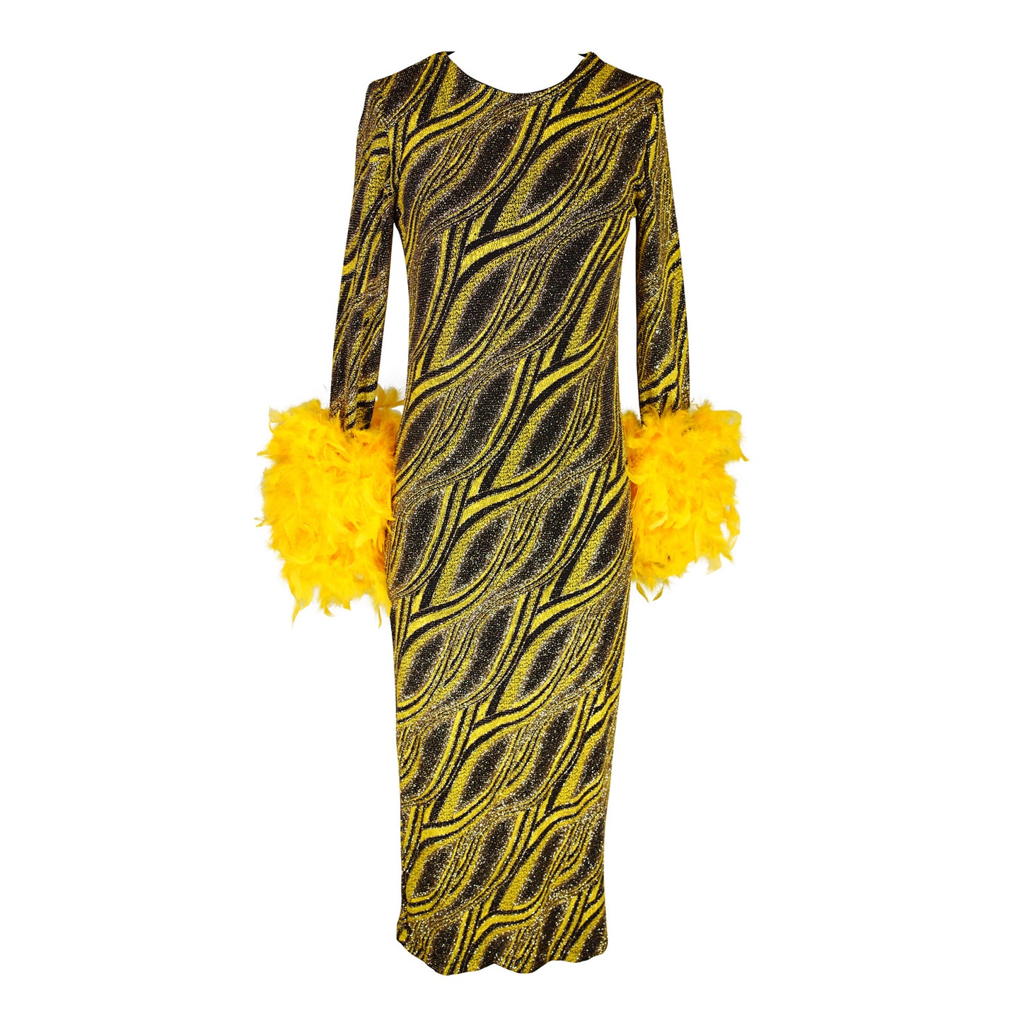 This pop-art bodycon dress accentuates your curves, while the removable feather trim on the sleeves adds a touch of elegance. The yellow cuffs and black and yellow fabric are perfect for those who shine bright.