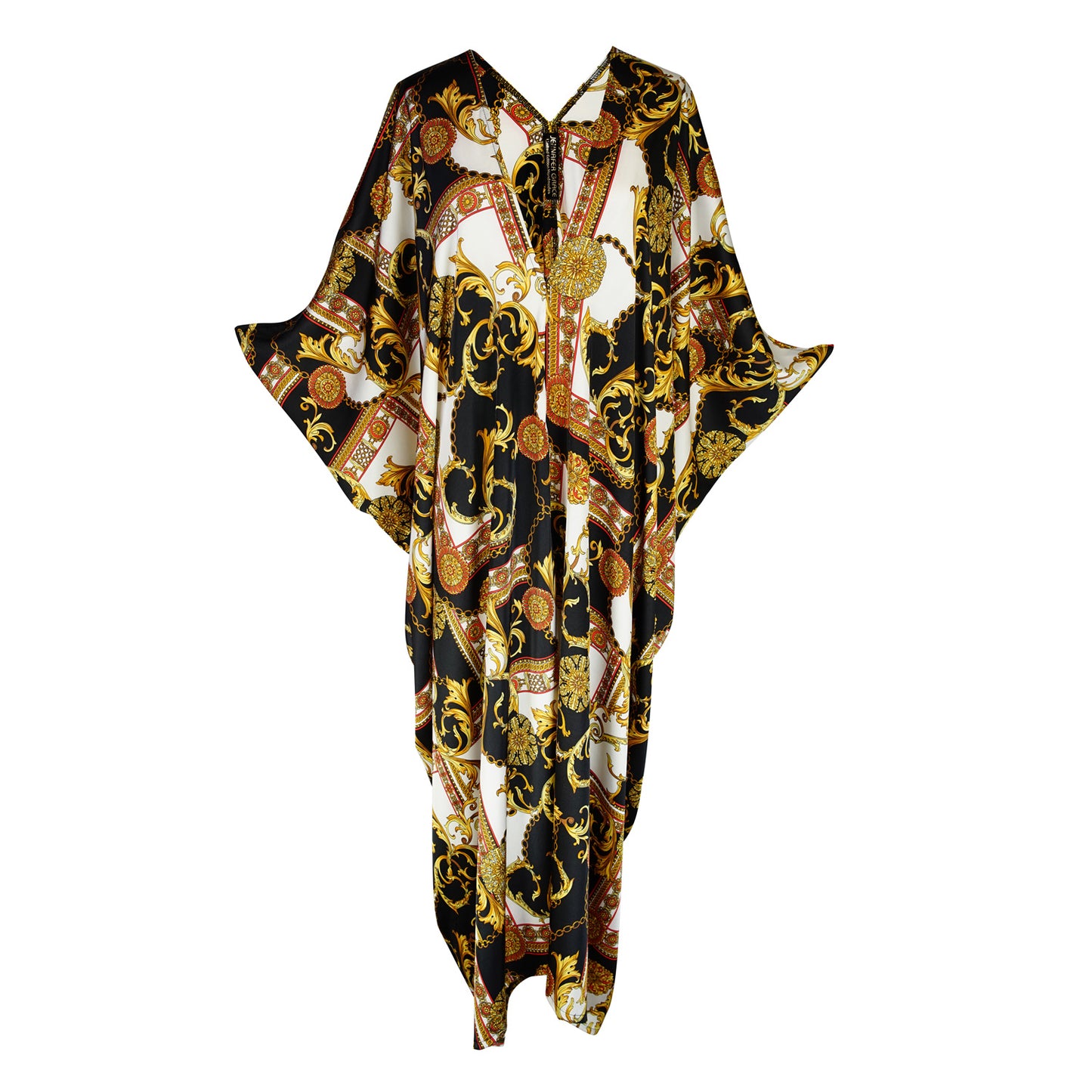 Jennafer Grace Voglia Amarena Caftan. Featuring a rococo baroque print with blocks of black and white with golden and red accents. Featuring a deep v-neck, batwing sleeves, and an ankle length hem. 