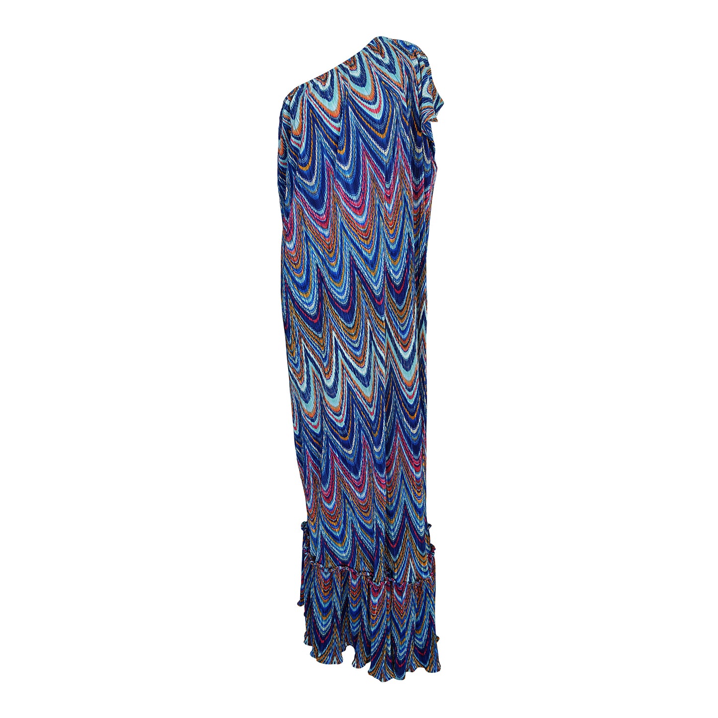 This one shoulder pleated fabric ruffle maxi dress showcases a unique trippy psychedelic design that will have you shining at any party or event.