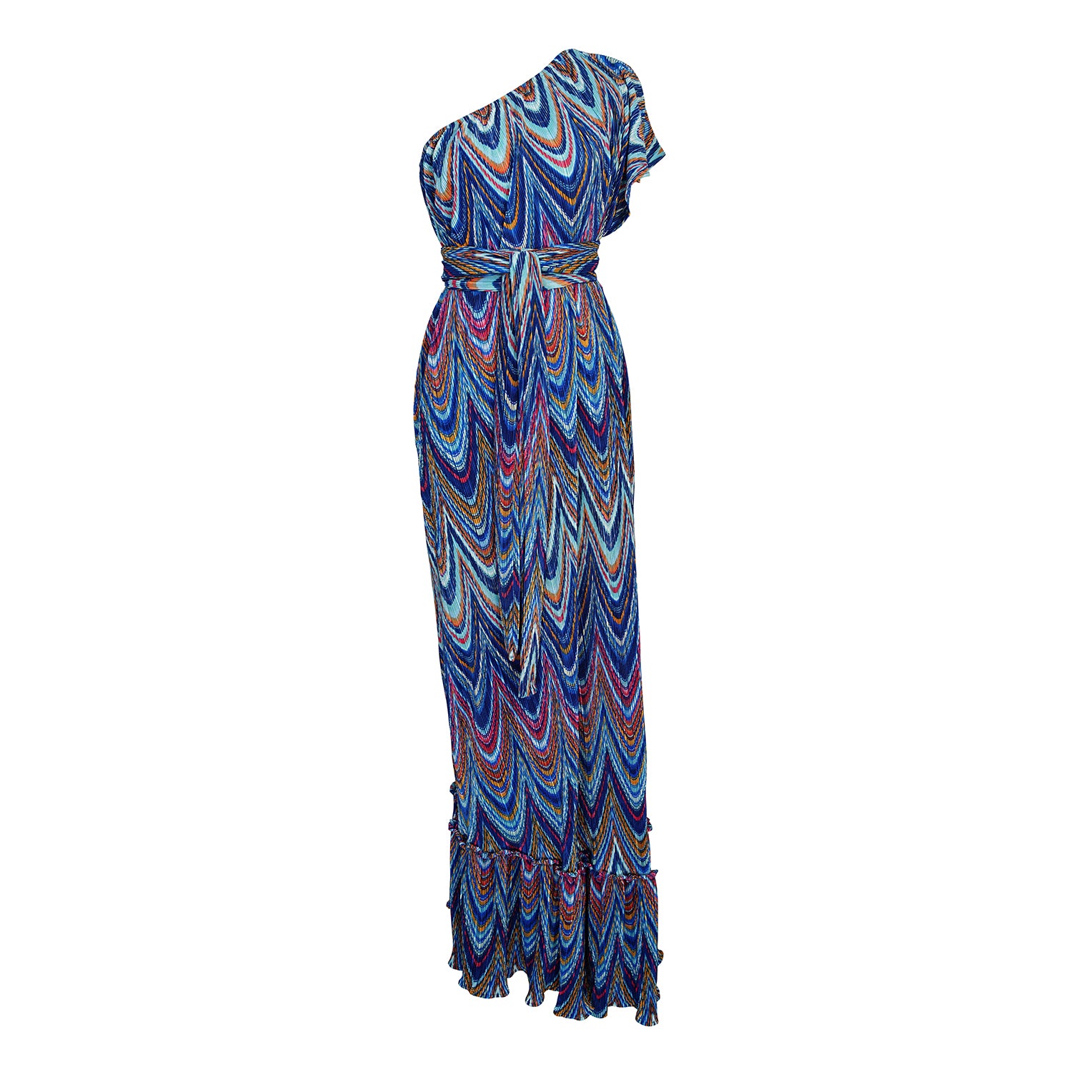 This one shoulder pleated fabric ruffle maxi dress showcases a unique trippy psychedelic design that will have you shining at any party or event.