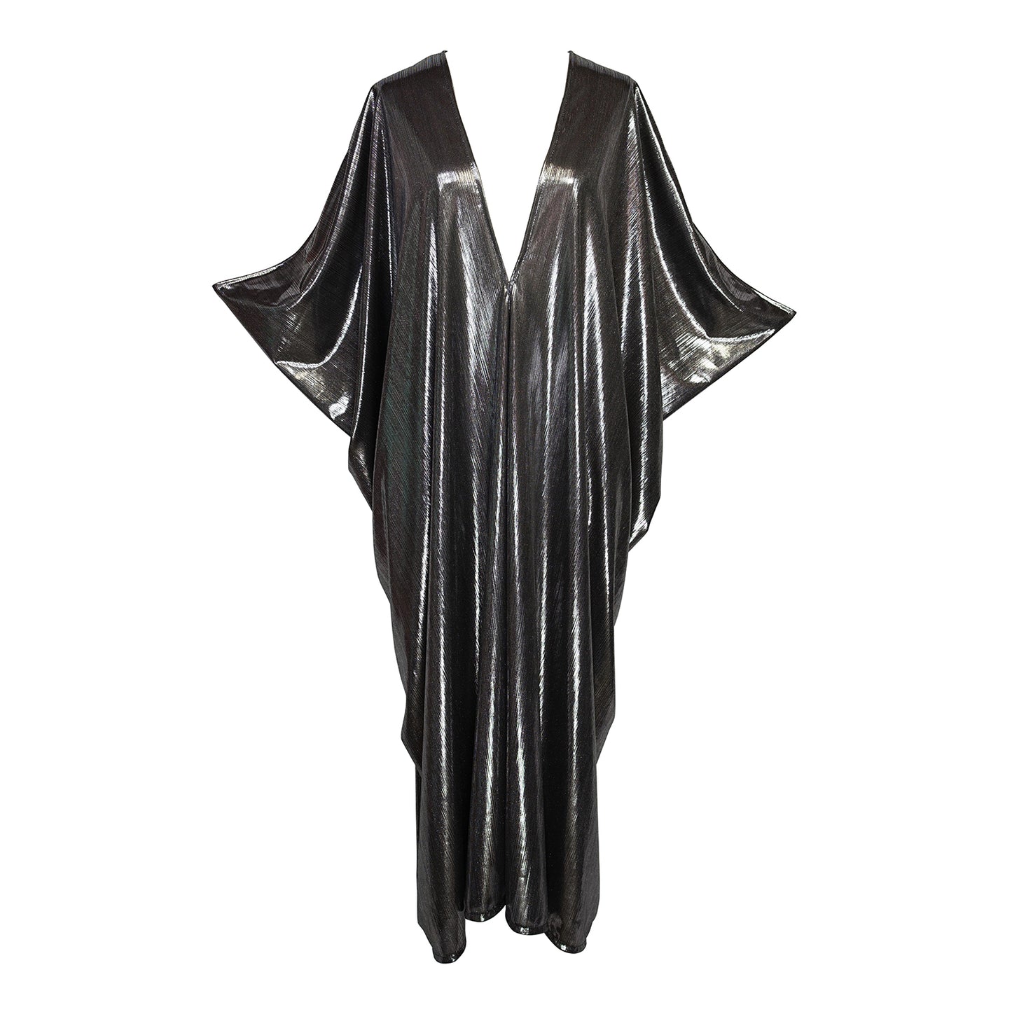 A stunning metallic caftan crafted from a slinky black jersey coated in a gorgeous mercurial foil 