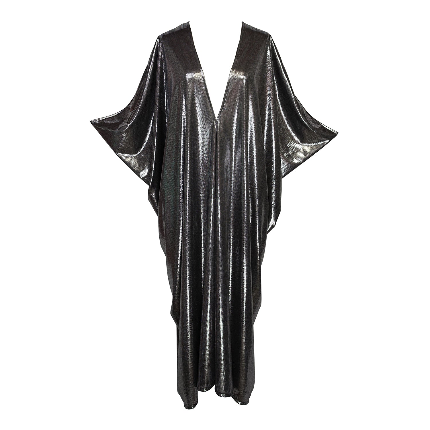 A stunning metallic caftan crafted from a slinky black jersey coated in a gorgeous mercurial foil 