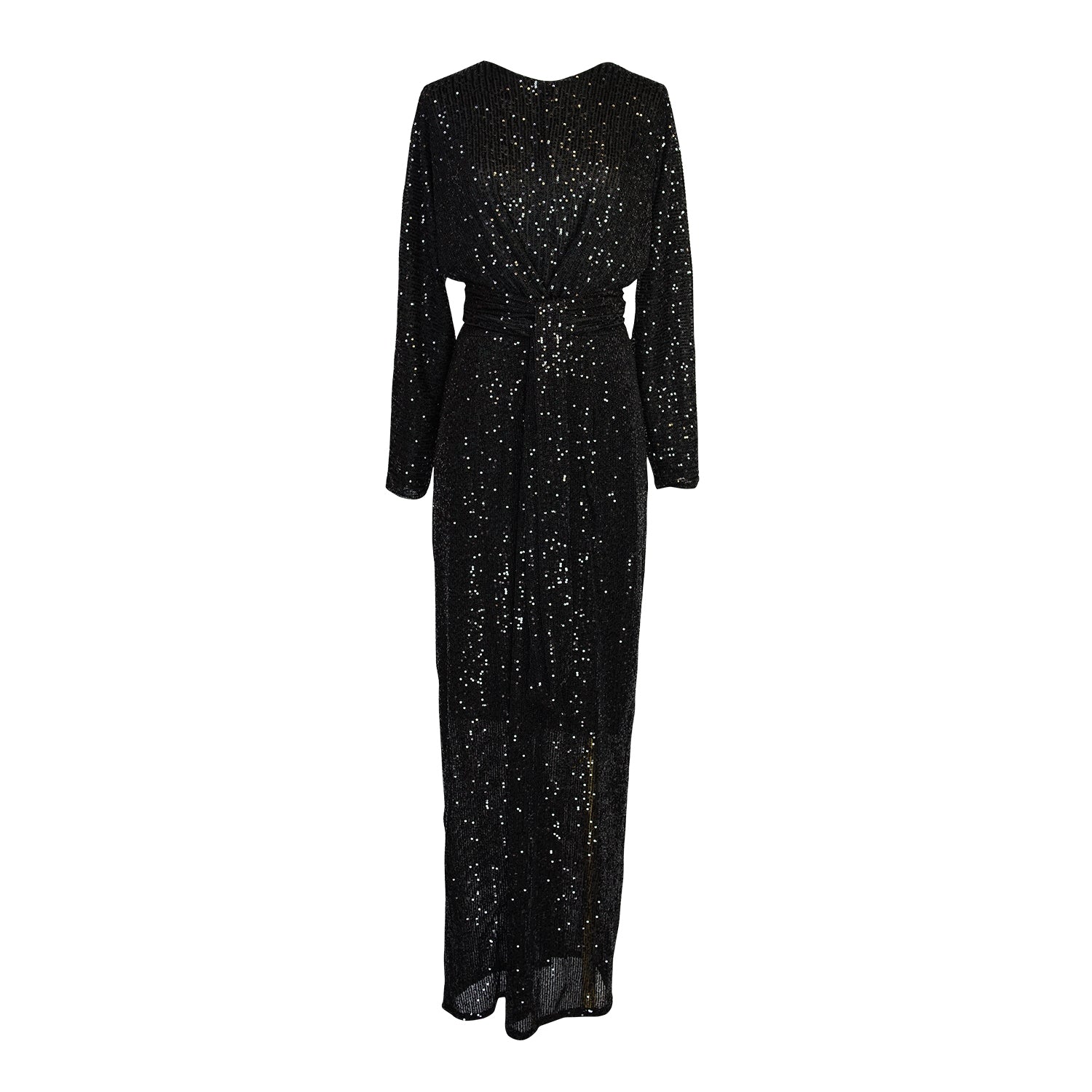 This Old-Hollywood inspired sequin dress is peak glamour. Featuring a versatile extra long waist tie and luscious, eye catching twist style at front.